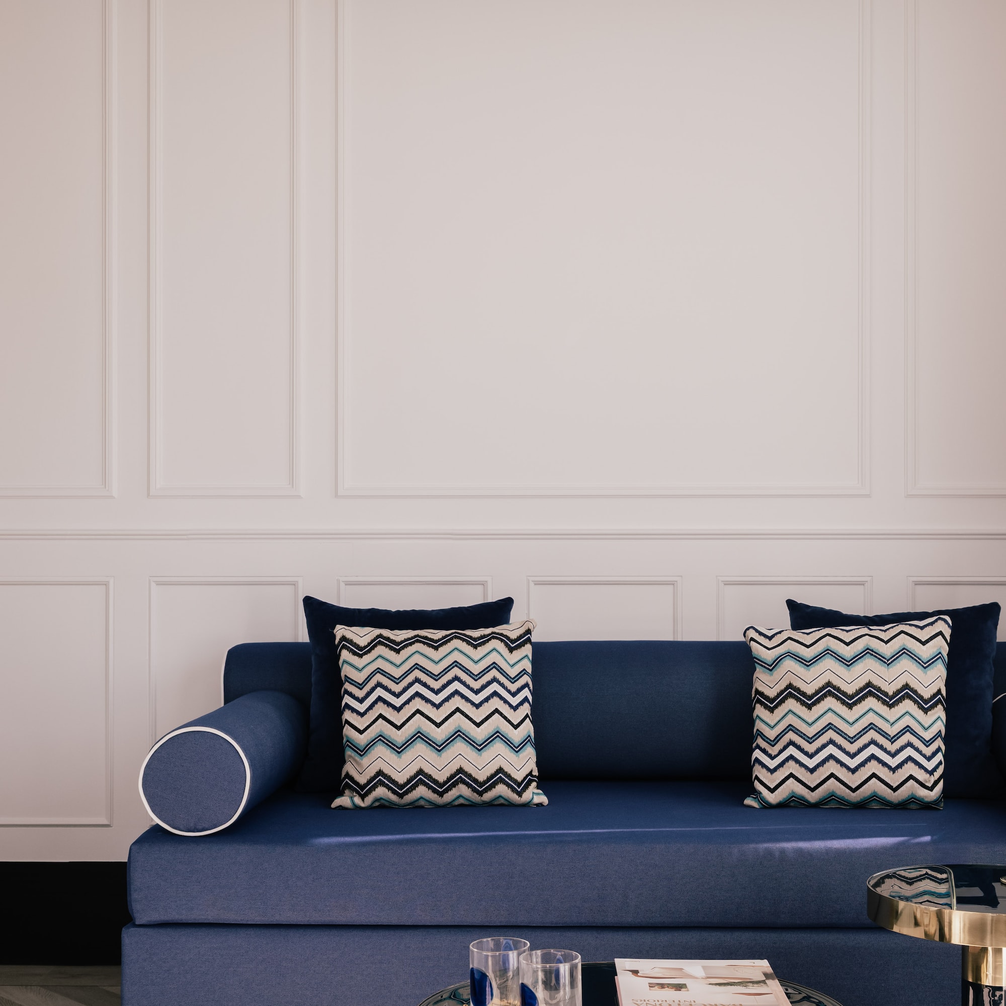 a room with a couch and a table