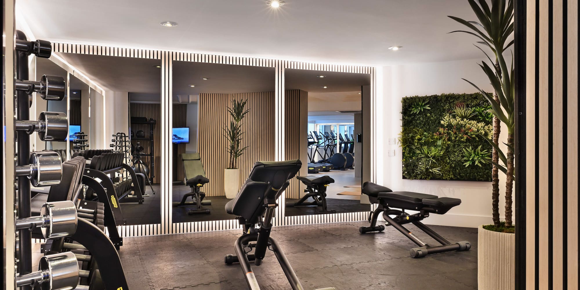 a room with exercise equipment and mirrors