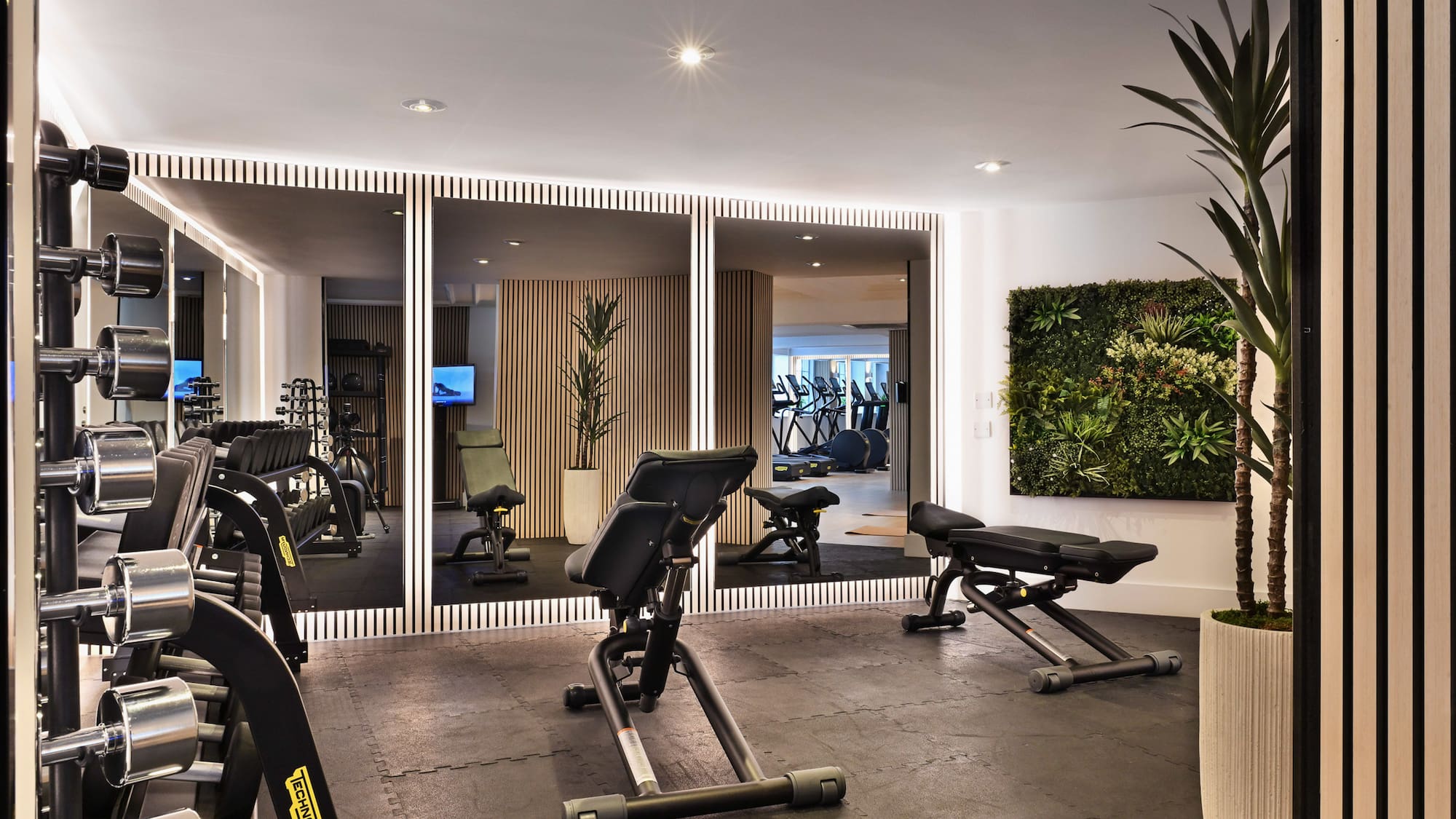 a room with exercise equipment and mirrors