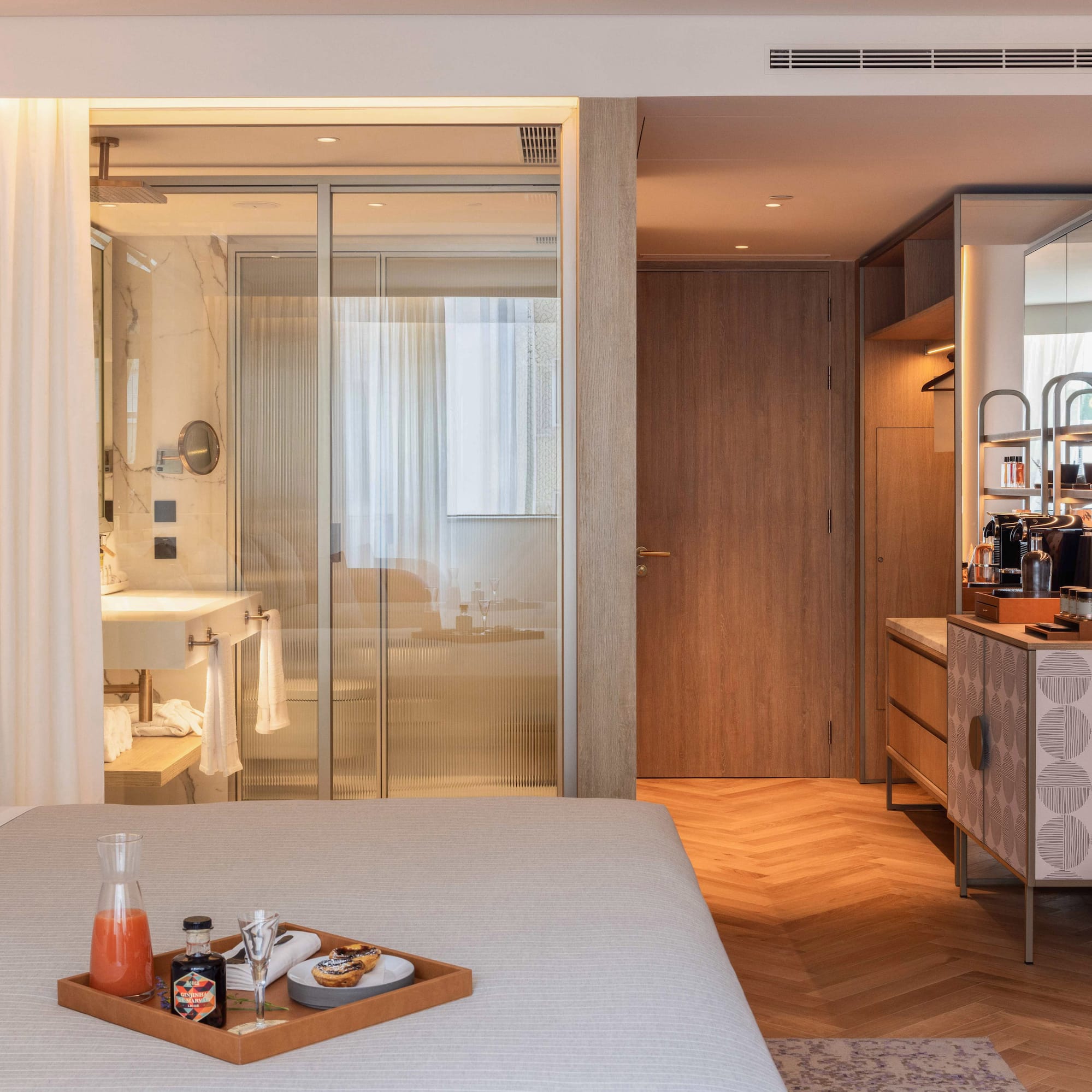 a tray of food in a hotel room
