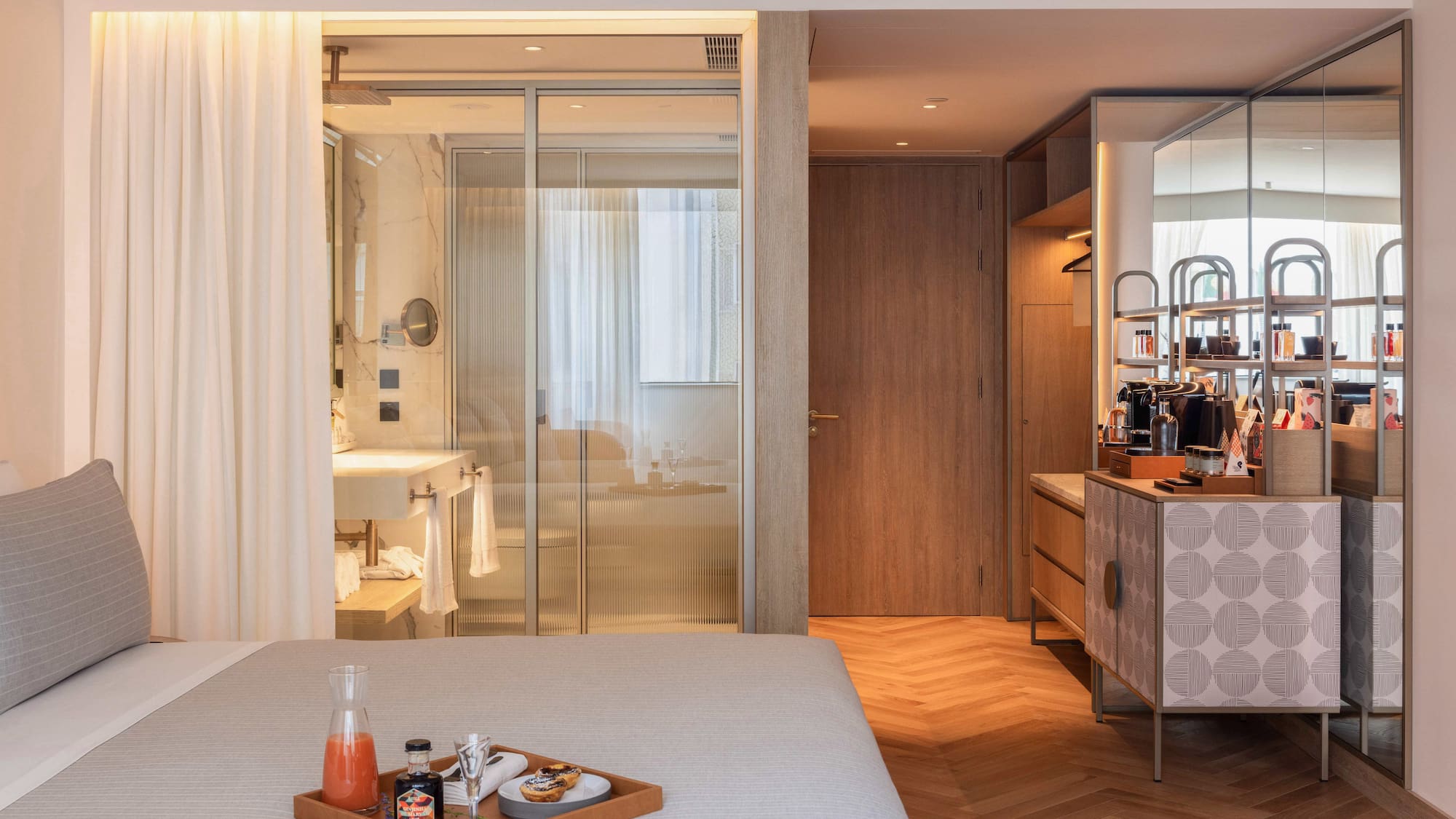 a tray of food in a hotel room