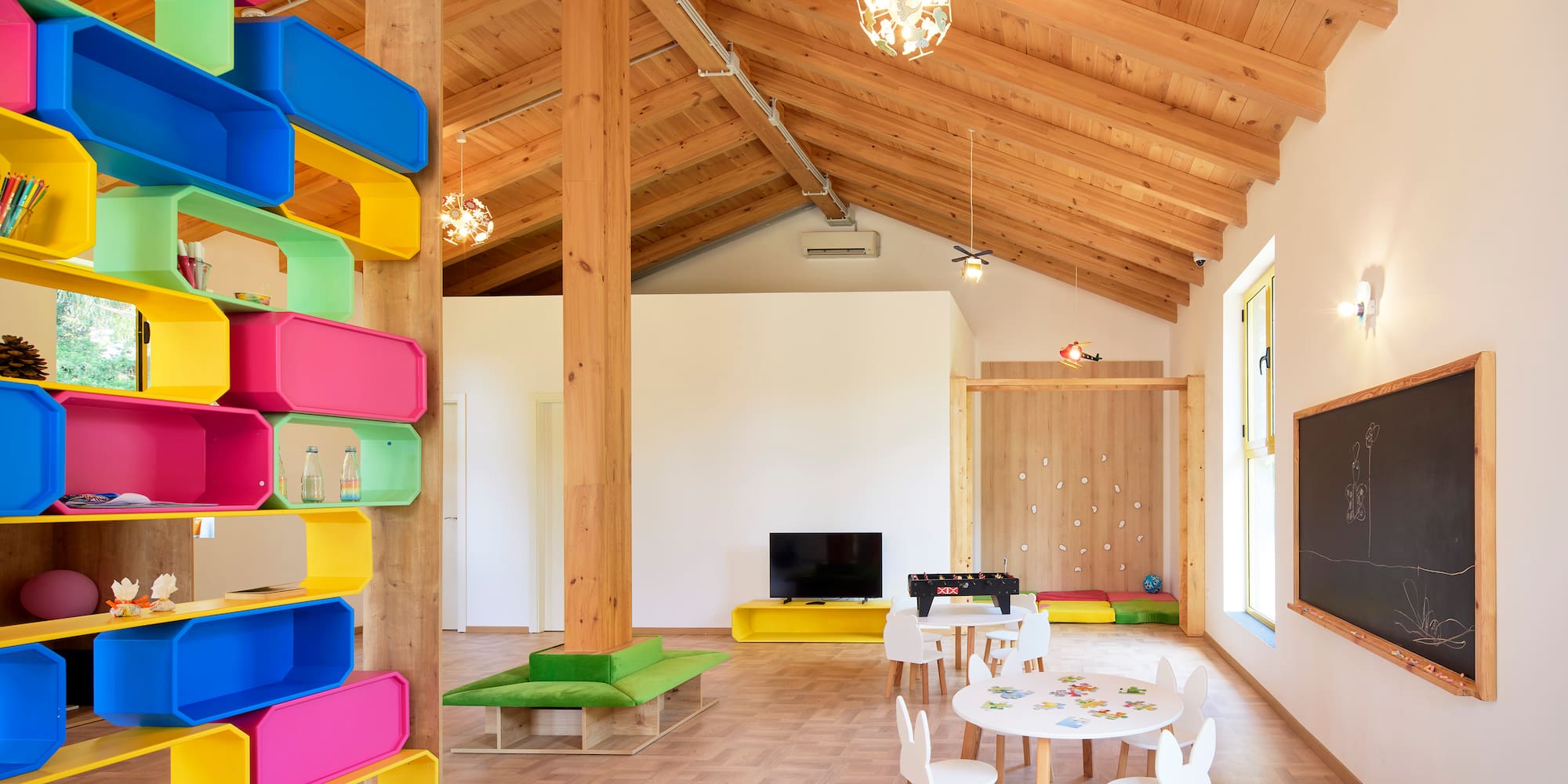 a room with a table and chairs