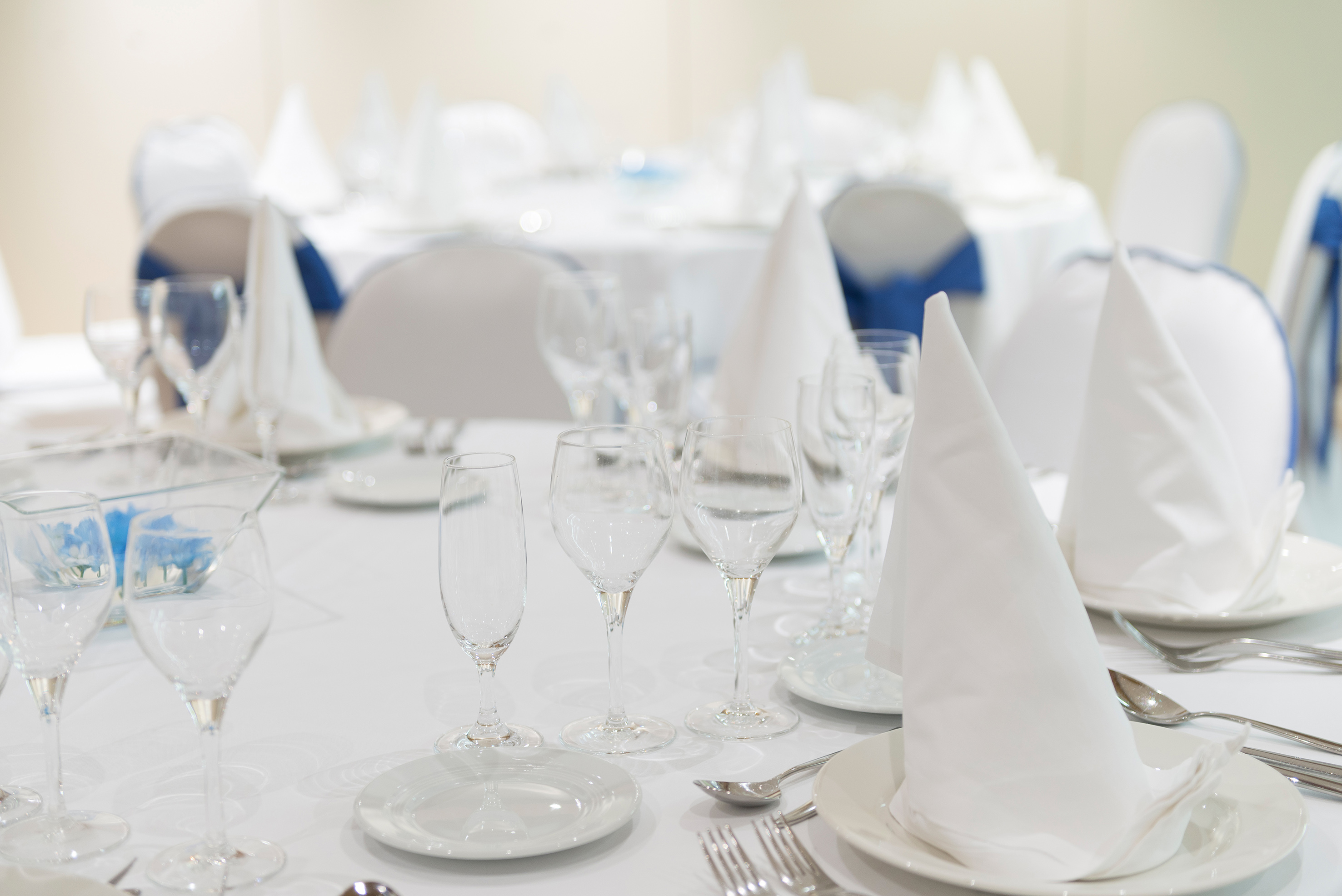 Formal dining table set with white napkins, plates, and elegant glassware.
