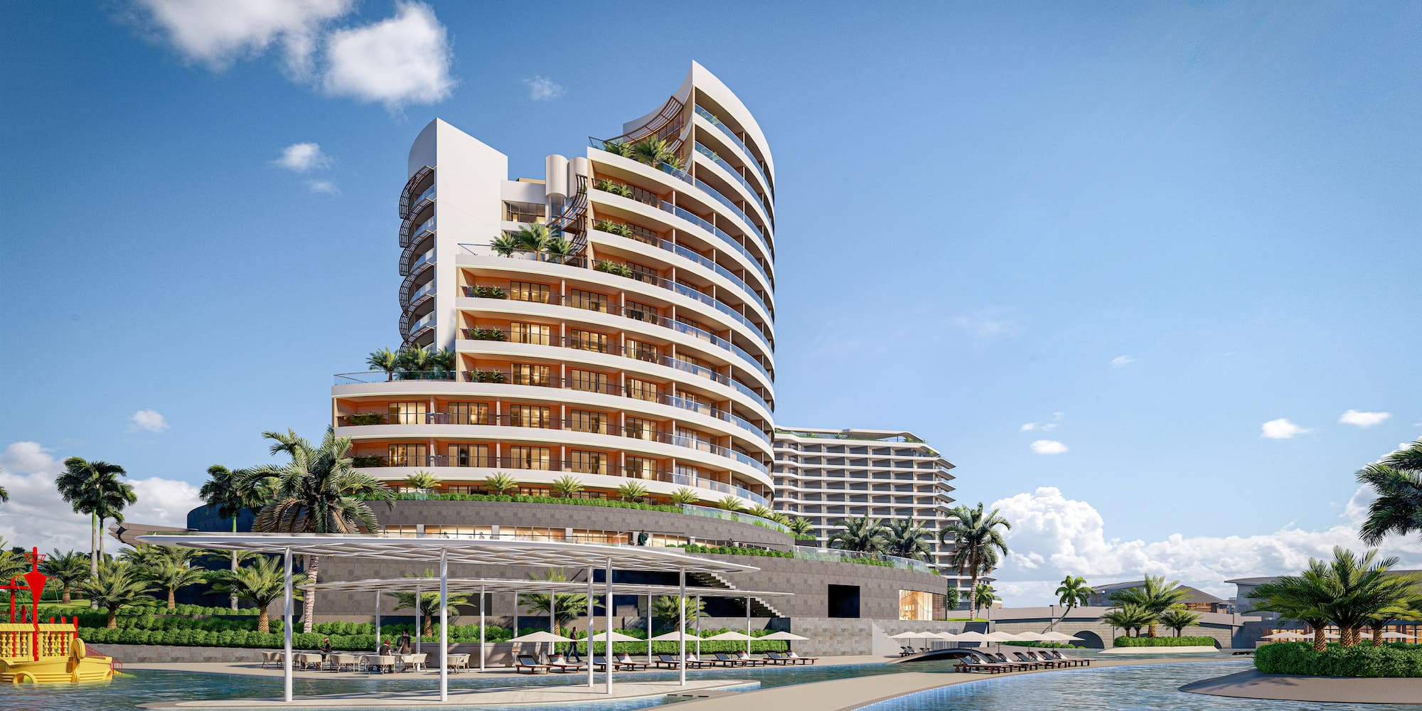 a building next to a body of water