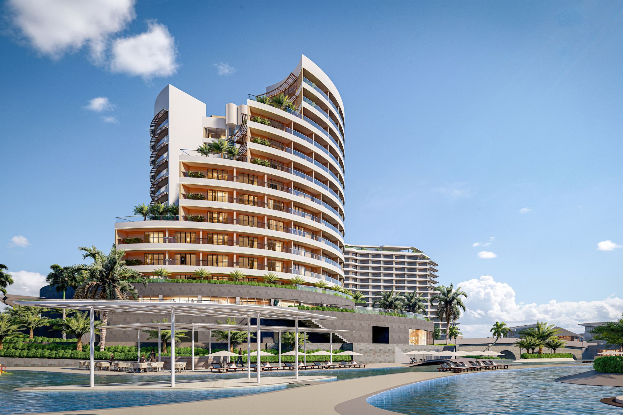 a building next to a body of water