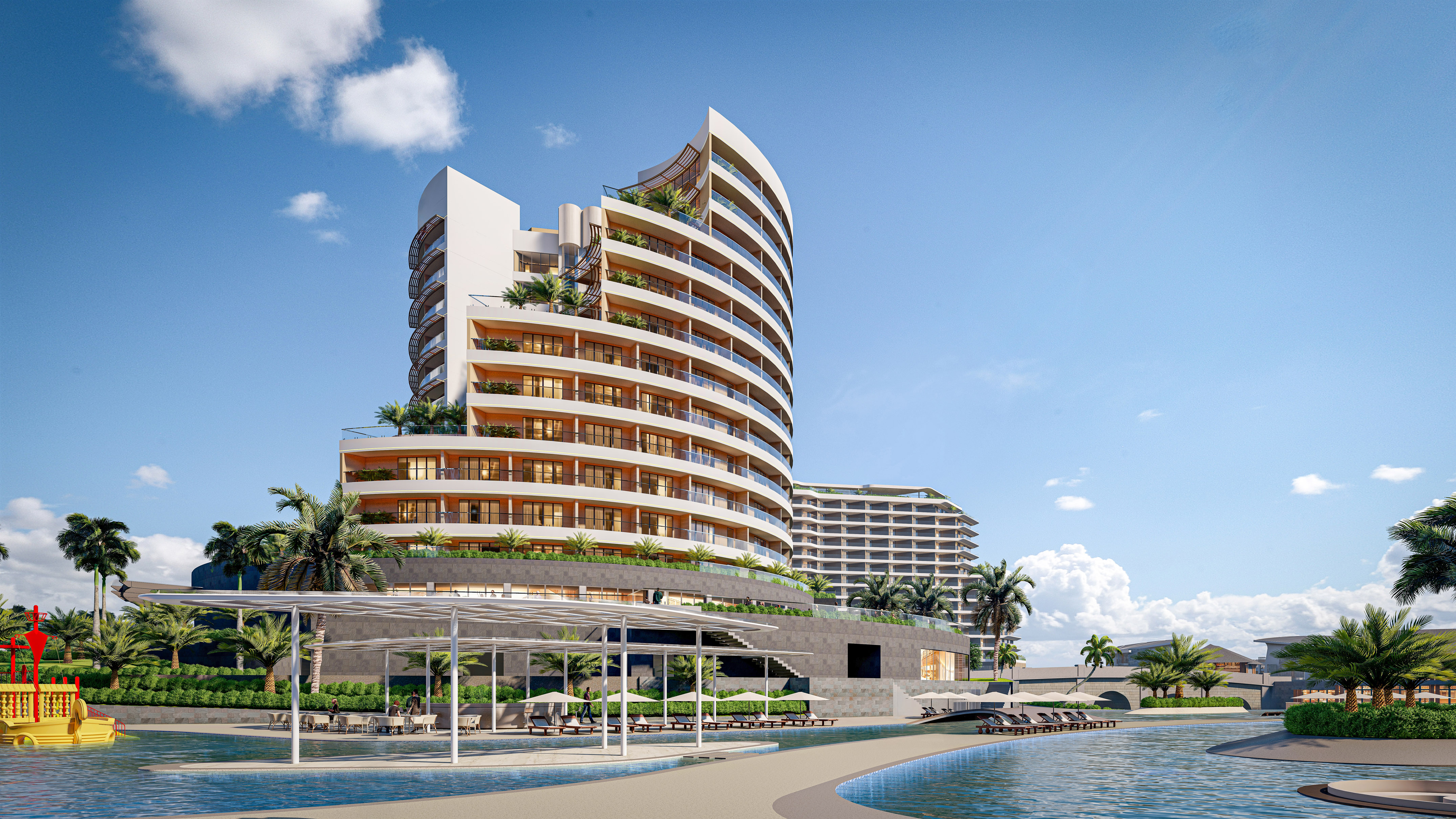Luxury resort building with curved facade, pool, and tropical palm trees.
