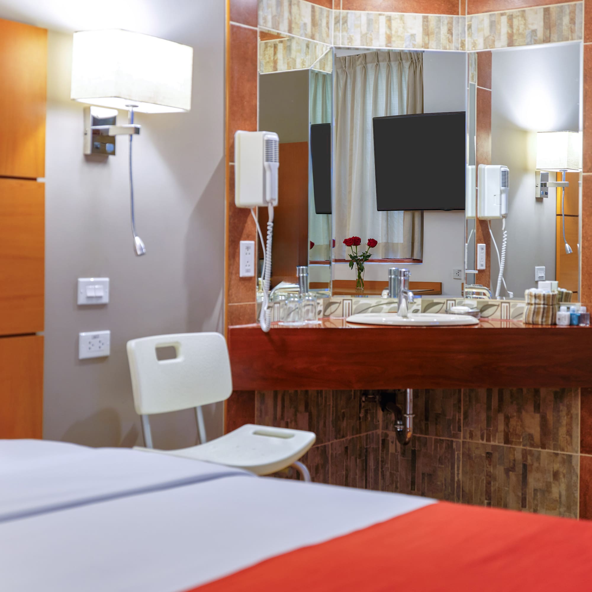 a bathroom with a mirror and a bed