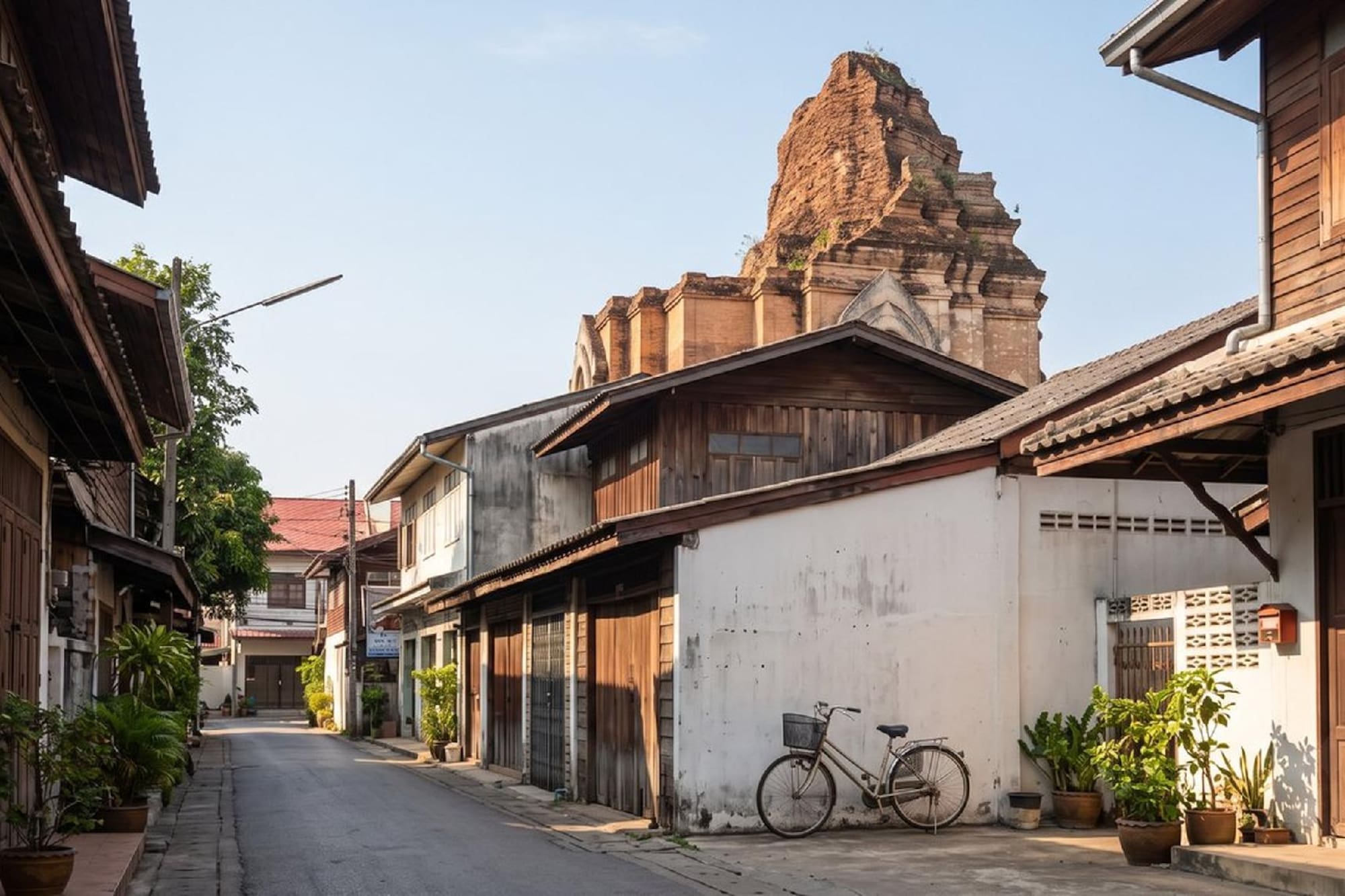 Traditional Chiang Mai street with wooden houses and ancient temple ruins.