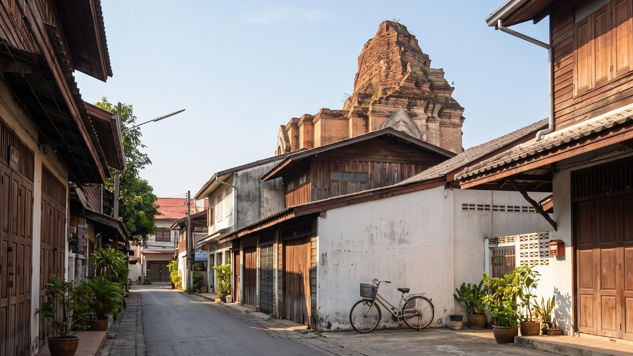 Traditional Chiang Mai street with wooden houses and ancient temple ruins.