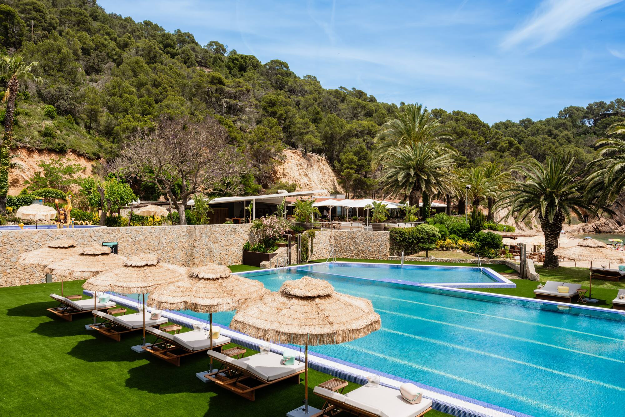 Resort pools, sunbeds, straw umbrellas, lush green lawn, palm trees, and hillside.