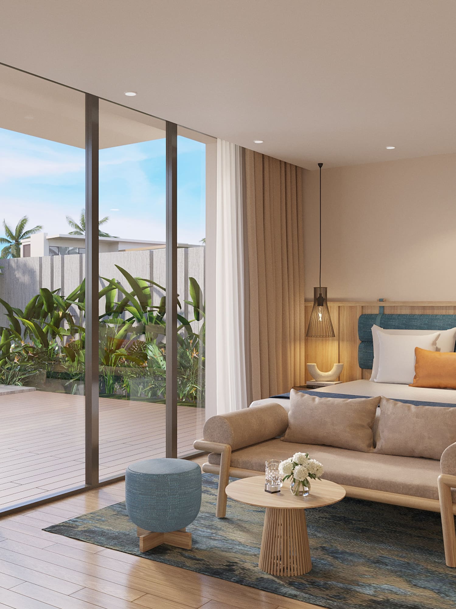 Luxury bedroom suite with garden access, king bed, and modern decor.
