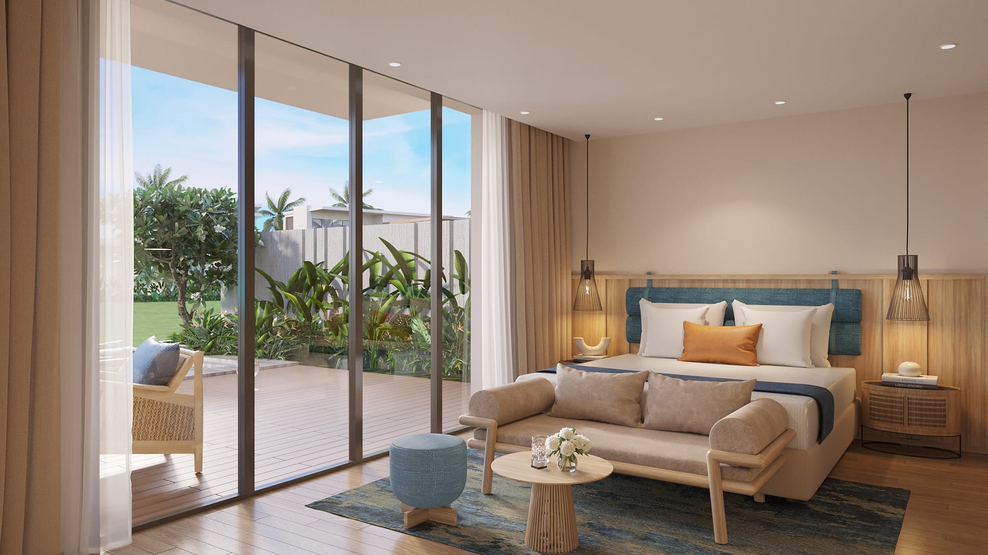 a bedroom with a bed and a table