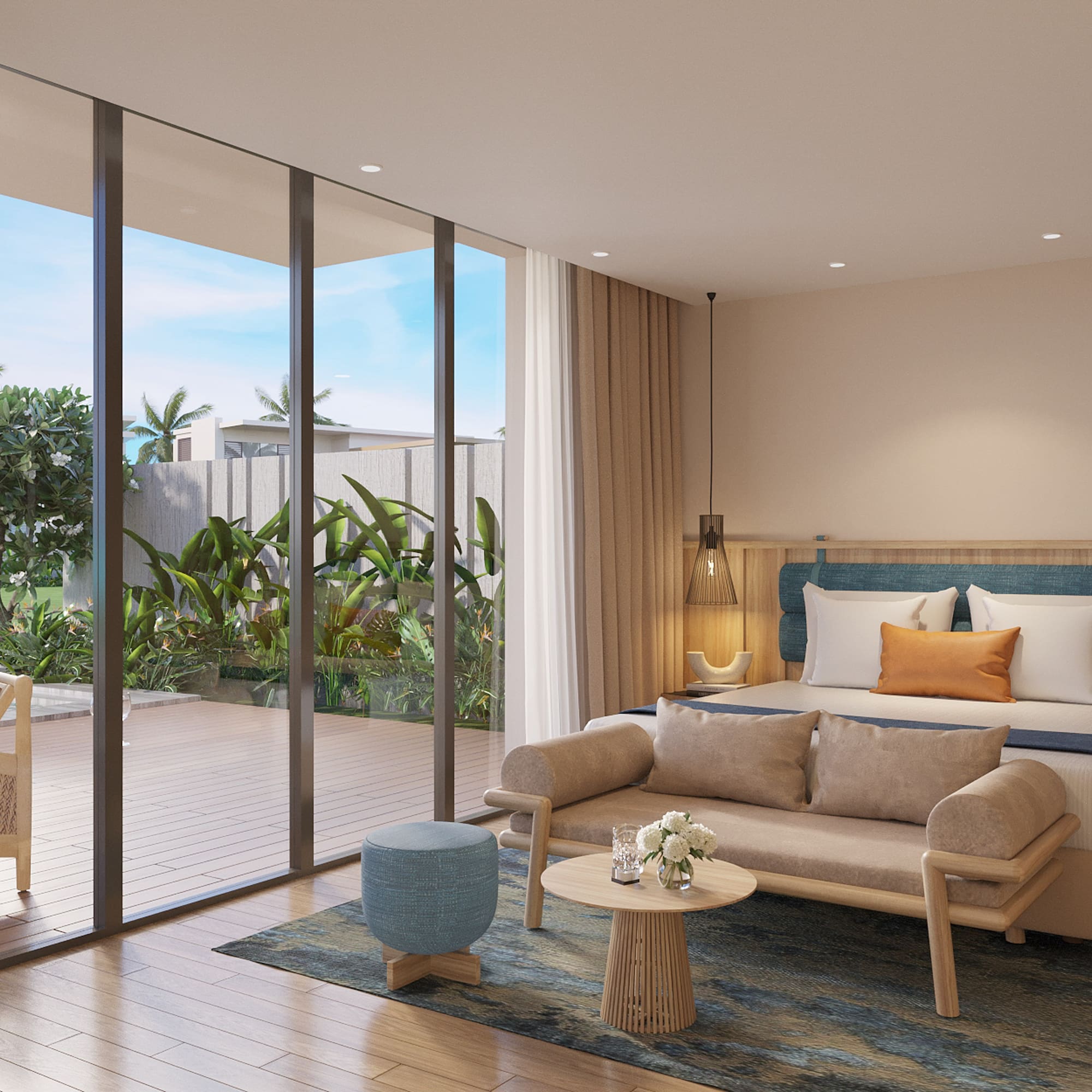 a bedroom with a bed and a table