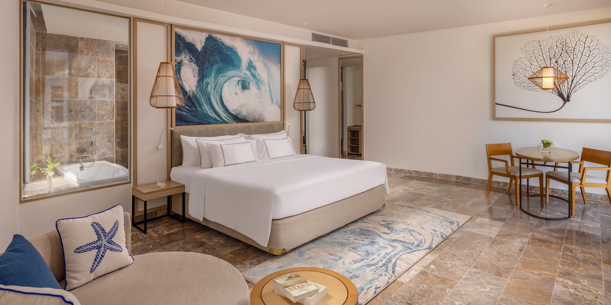 a room with a bed and a tub