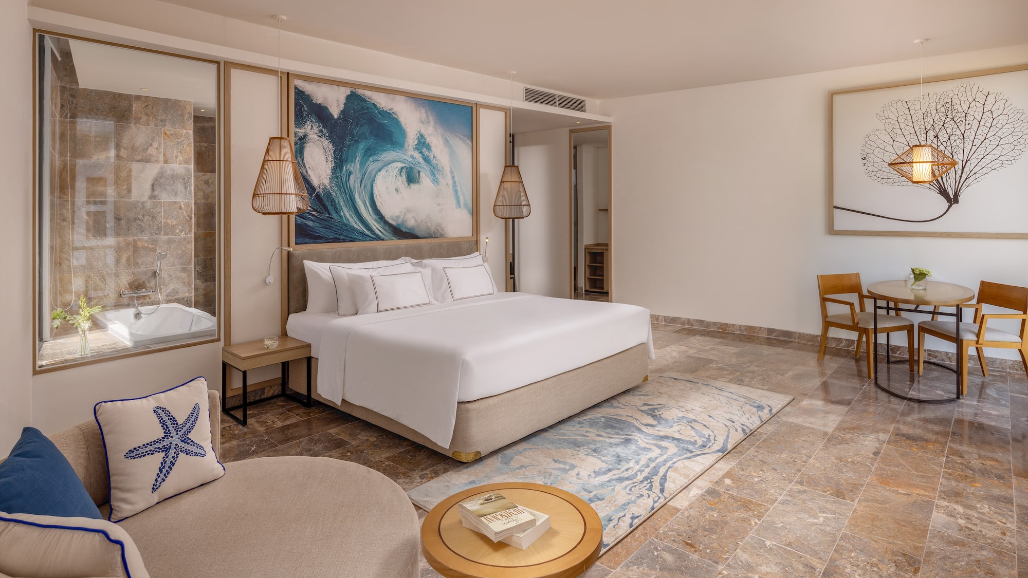 a room with a bed and a tub