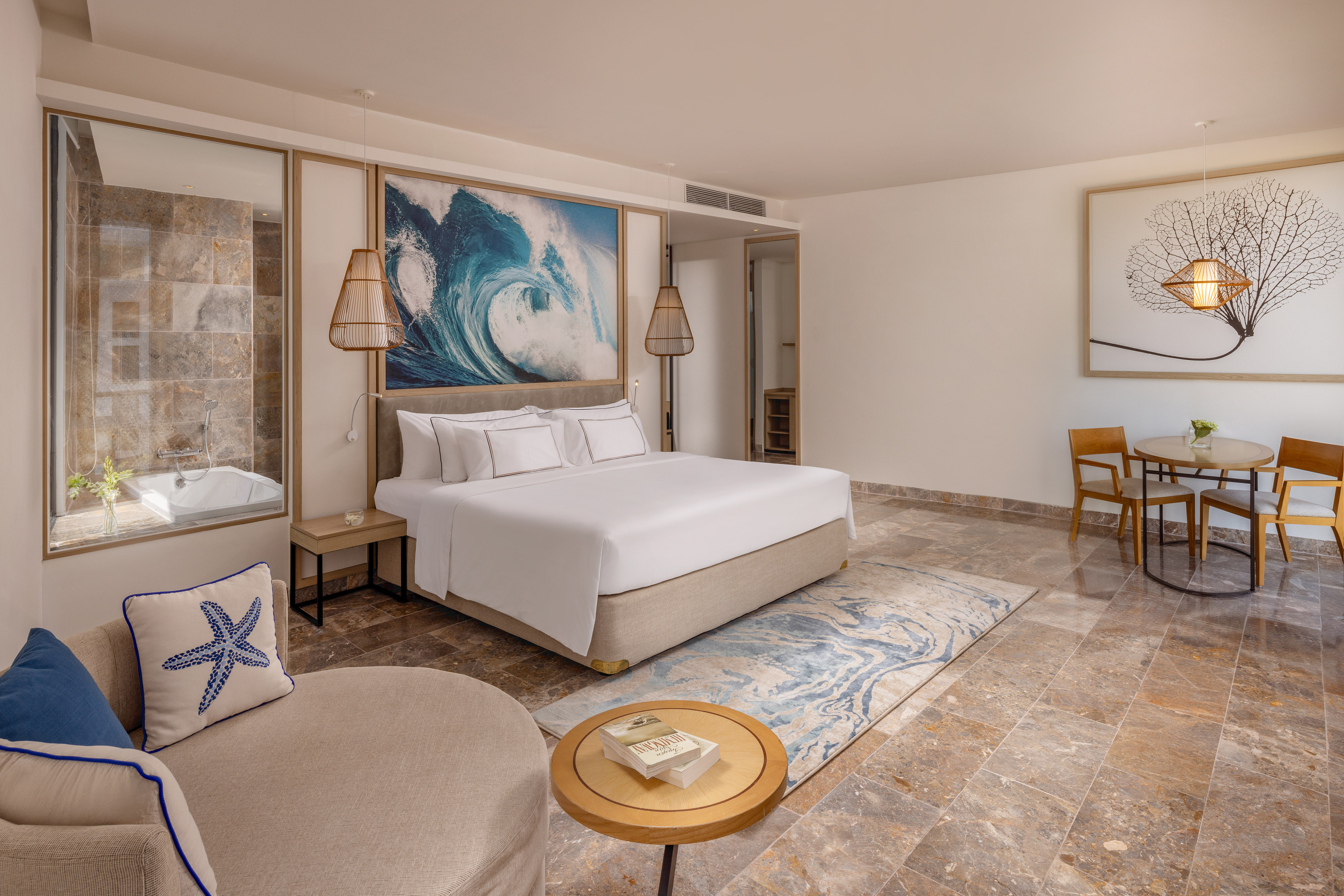 a room with a bed and a tub