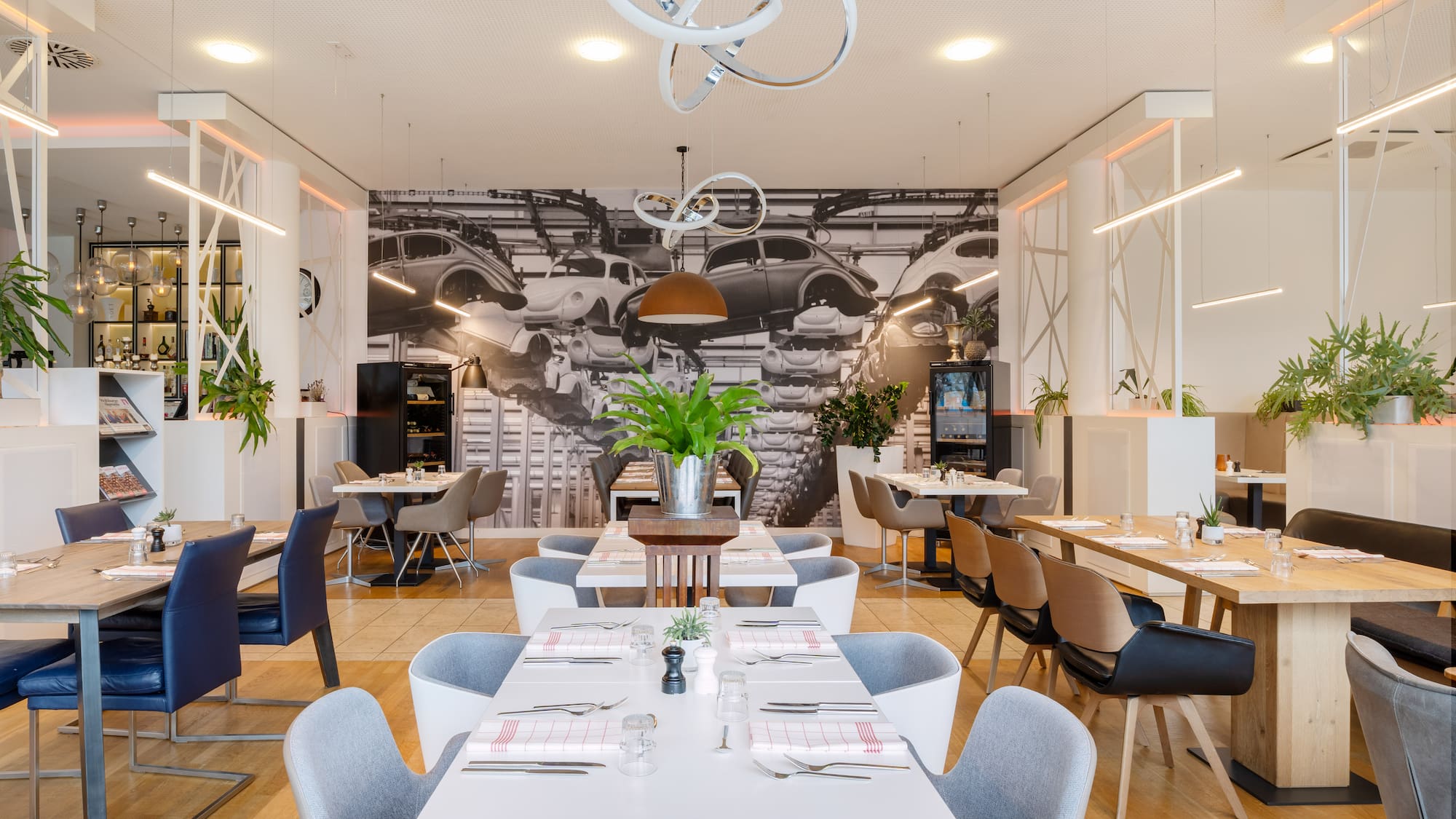 a room with tables and chairs