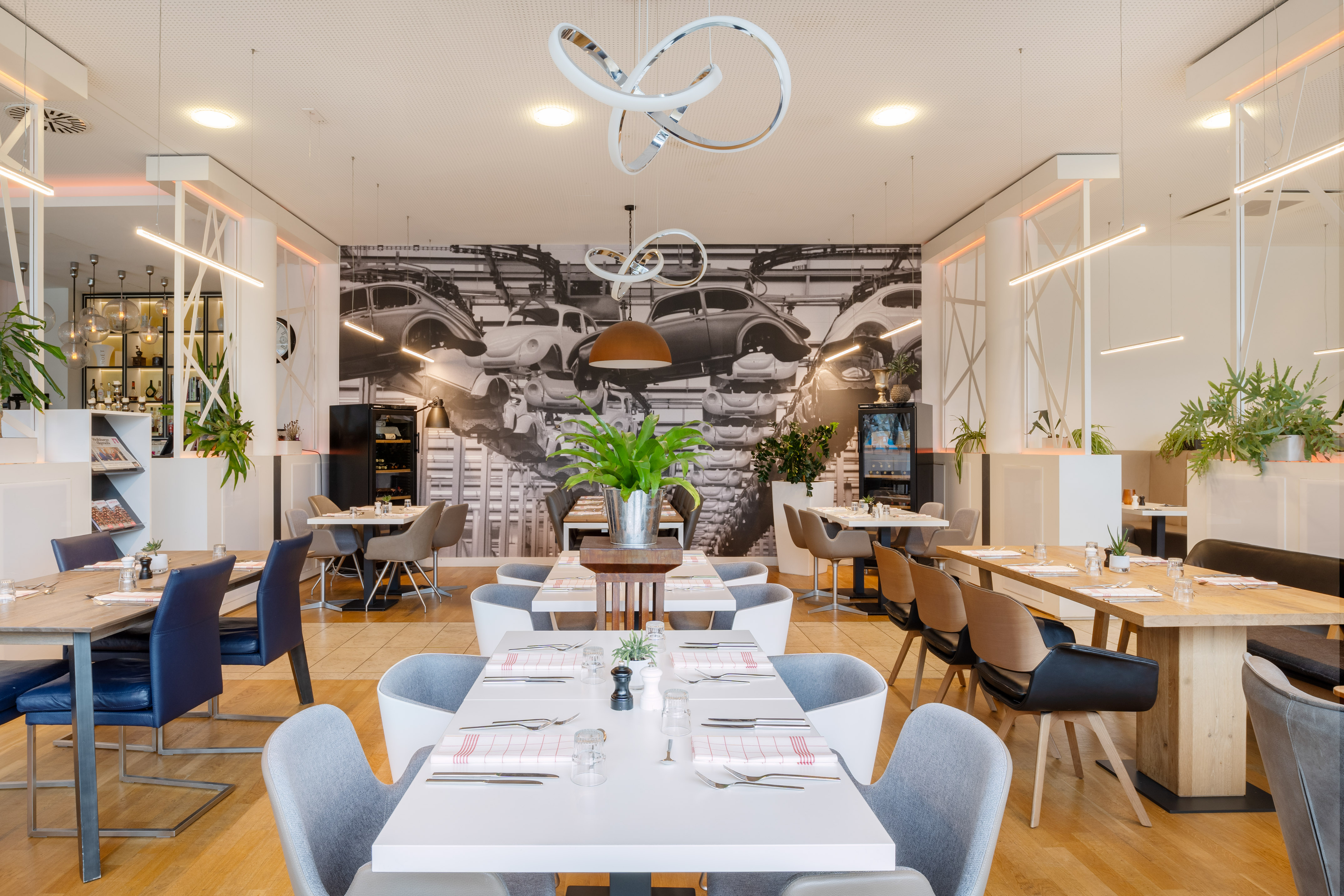 a room with tables and chairs