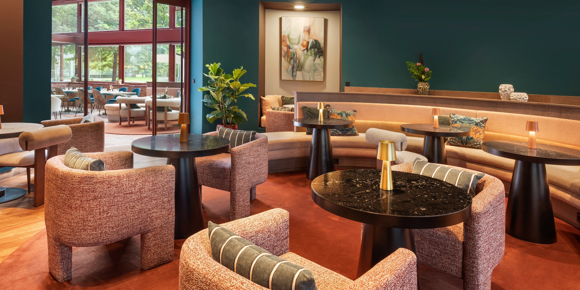 a room with tables and chairs