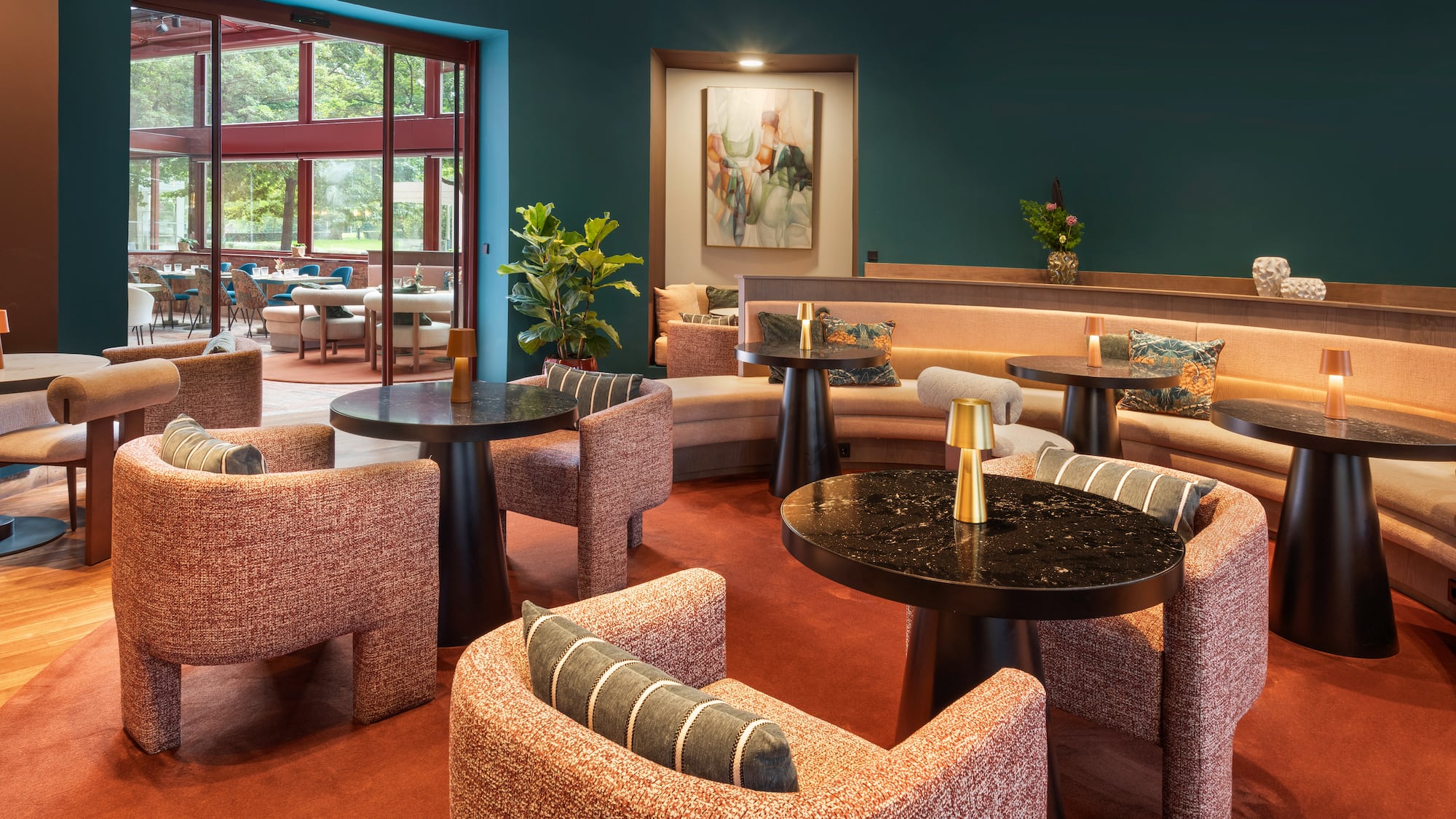 a room with tables and chairs