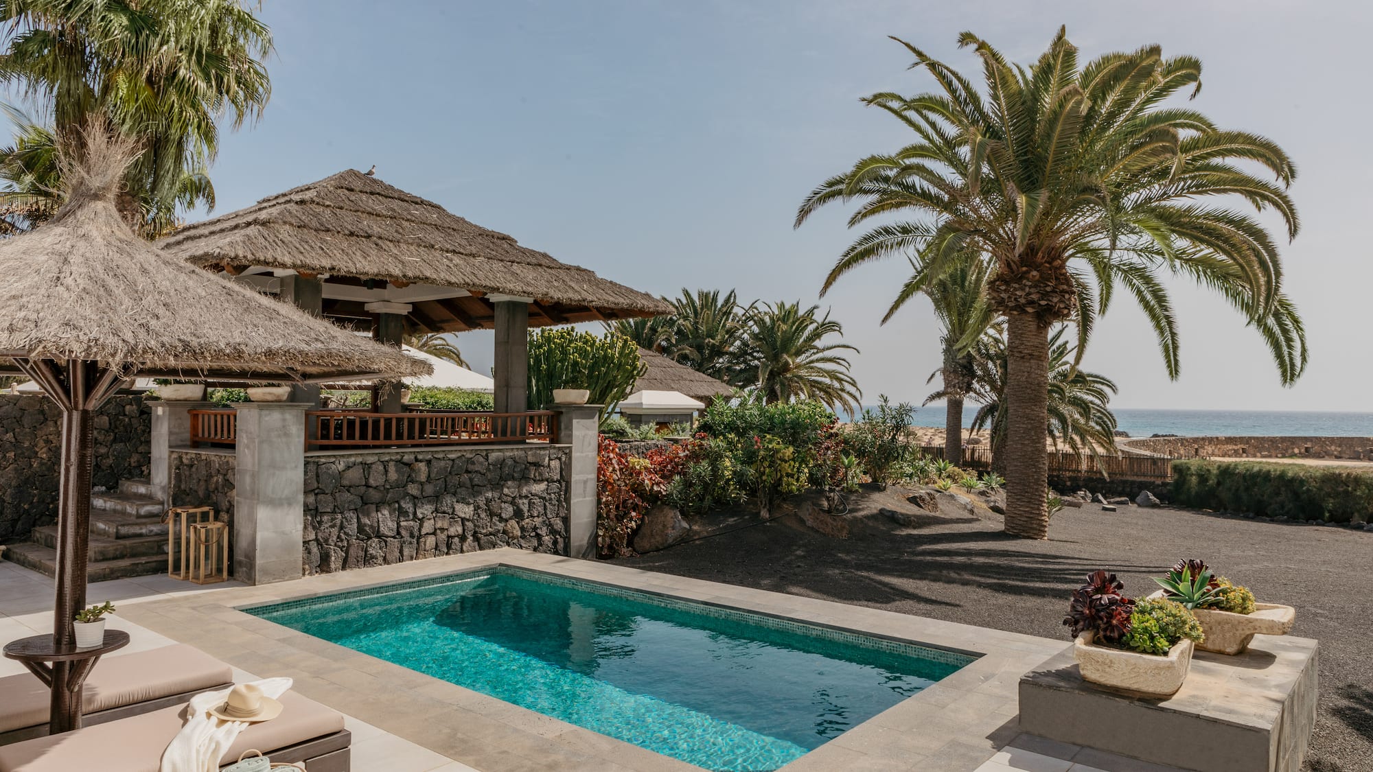 a pool with a straw roof and palm trees