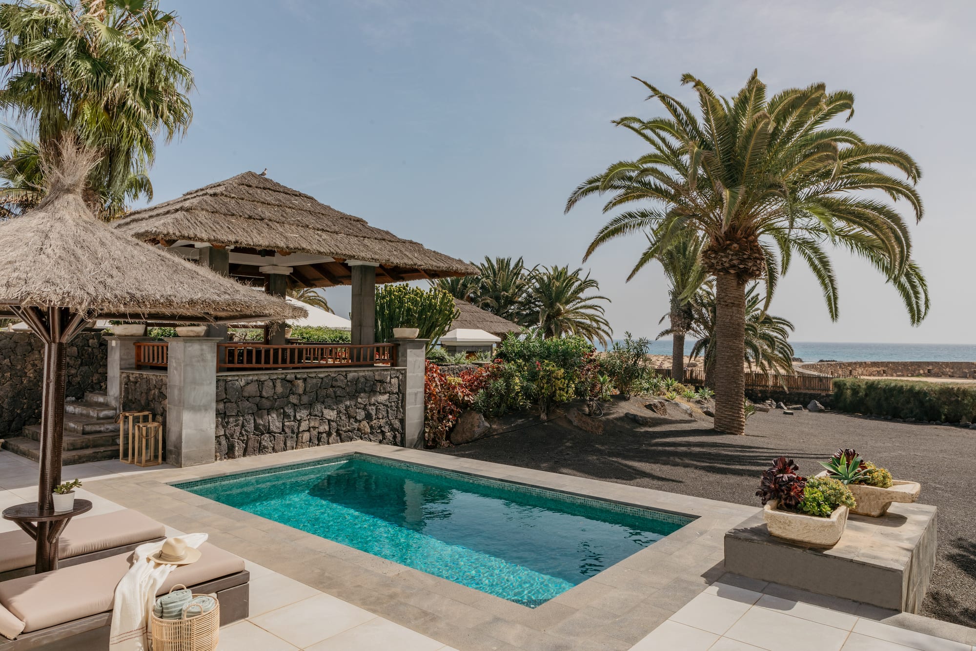 a pool with a straw roof and palm trees