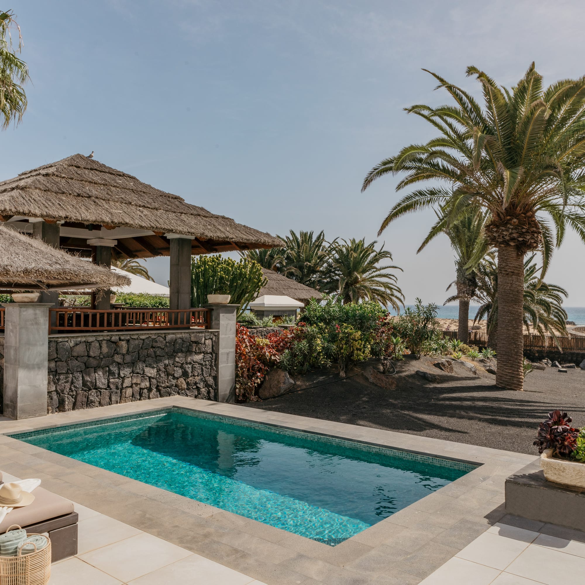 a pool with a straw roof and palm trees