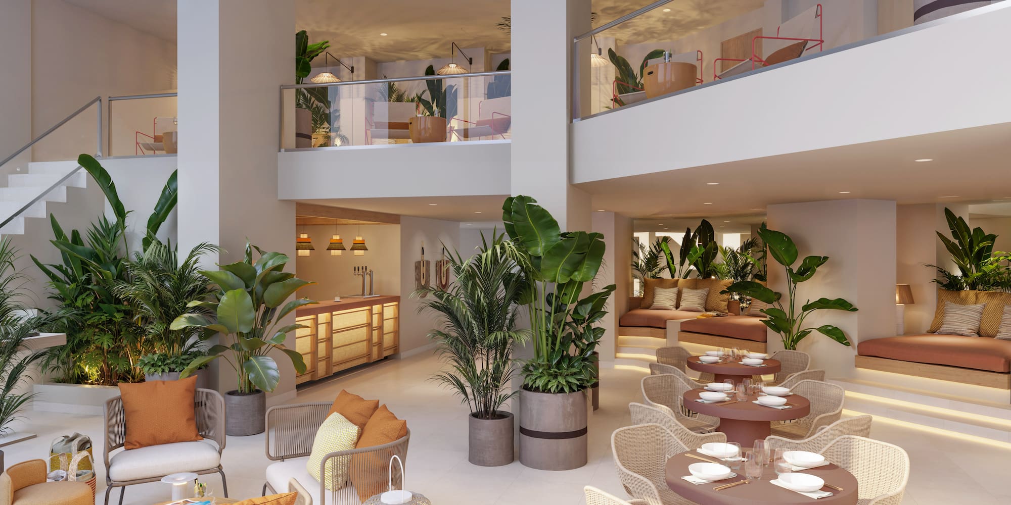 a room with tables and chairs and plants