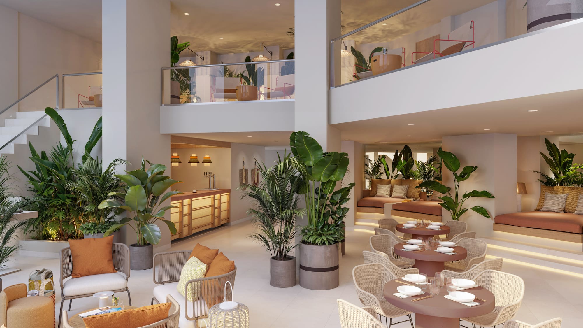 a room with tables and chairs and plants