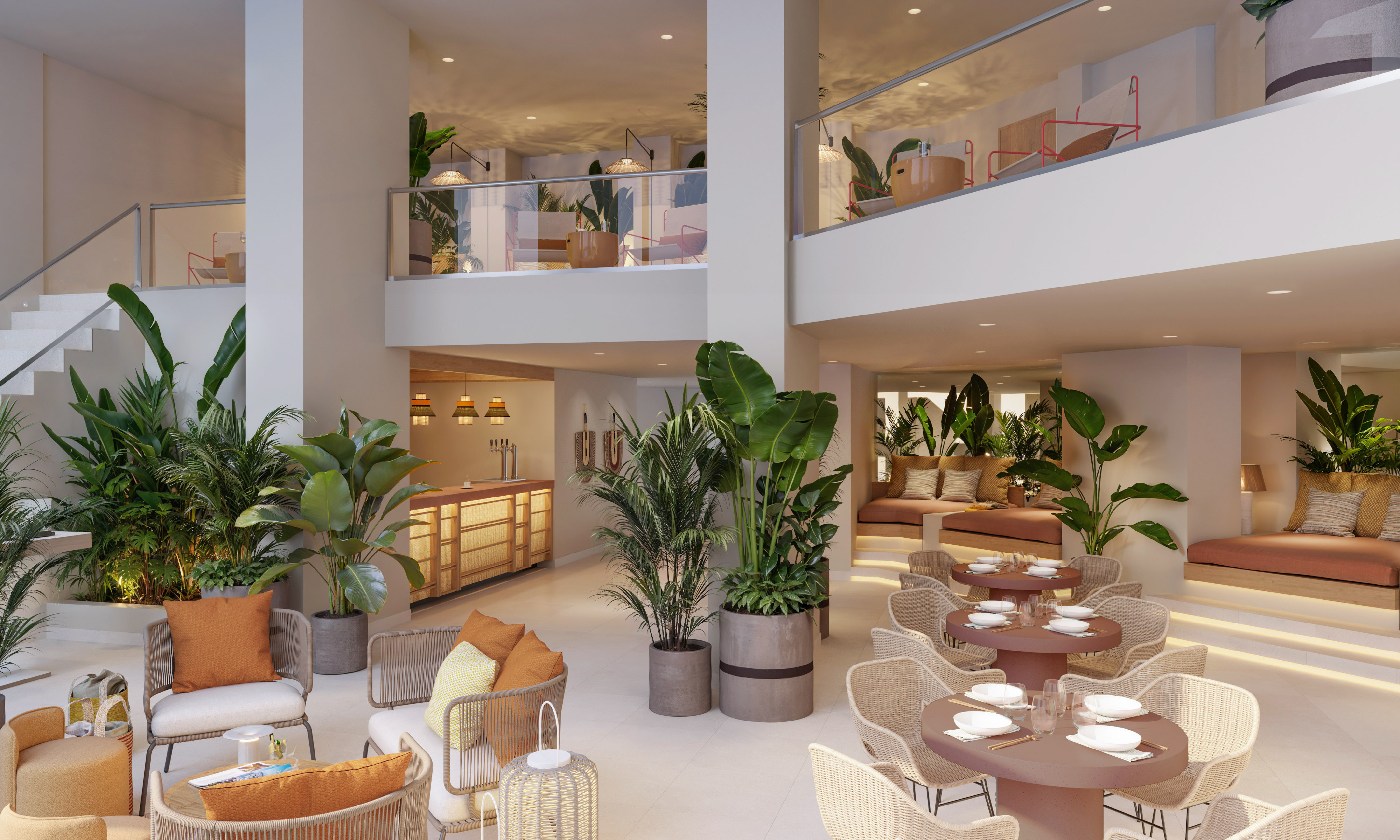 Modern hotel lobby with tropical plants, dining tables, and lounge seating.