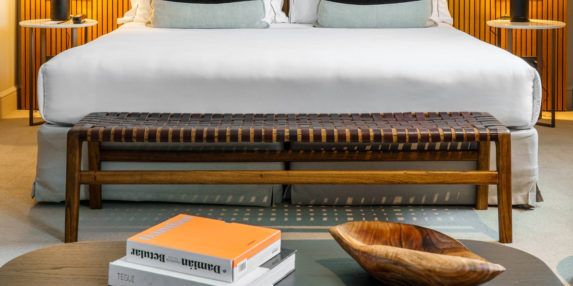 a room with a bed and a table