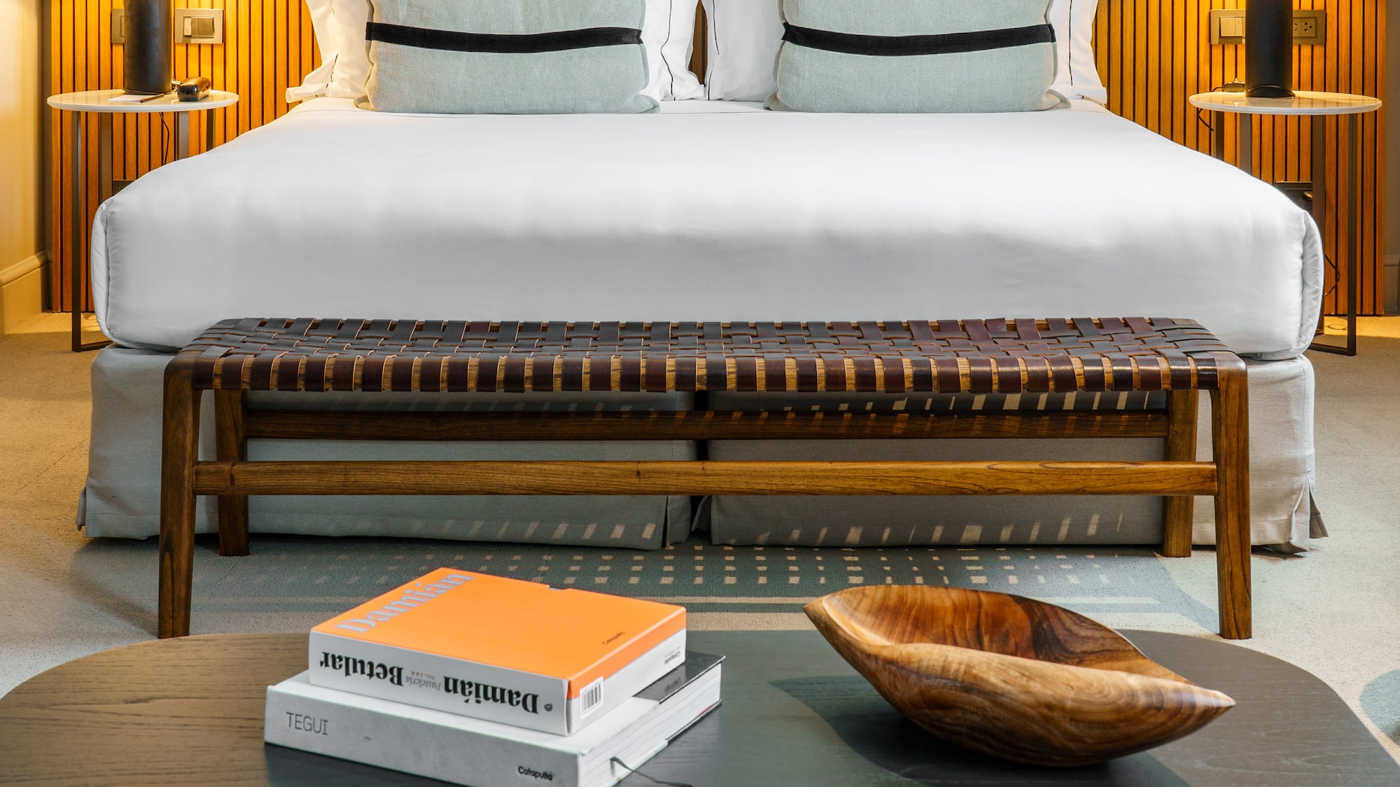 a room with a bed and a table