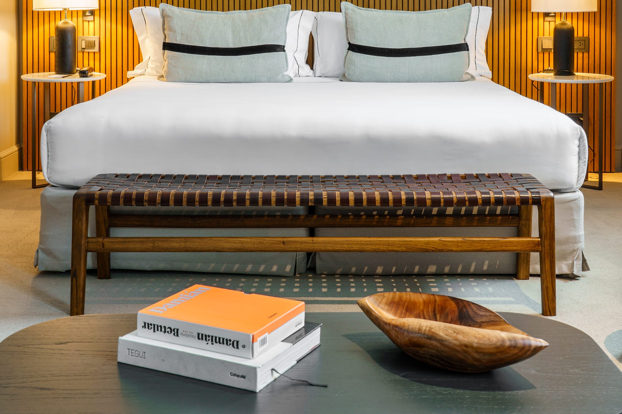 a room with a bed and a table