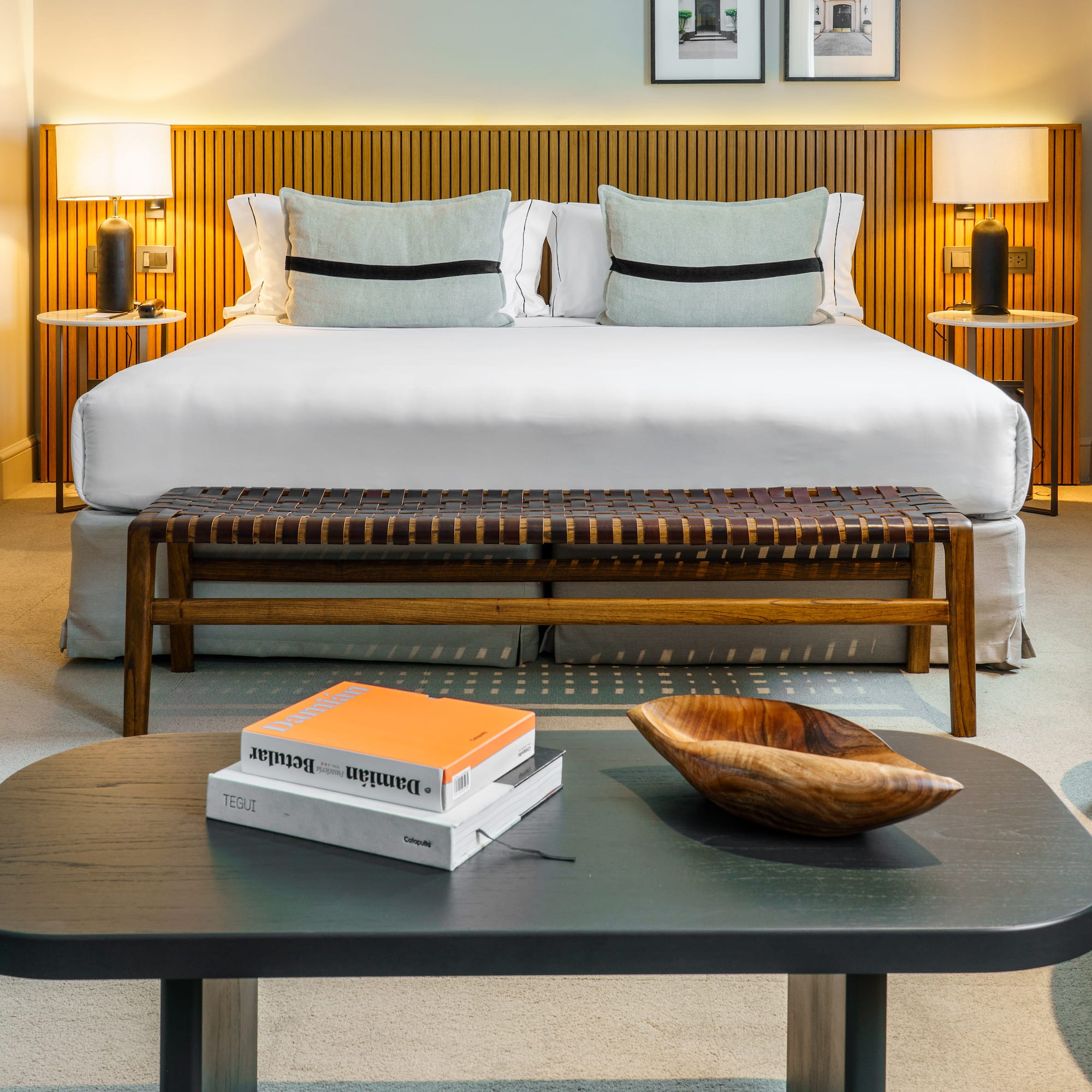 a room with a bed and a table