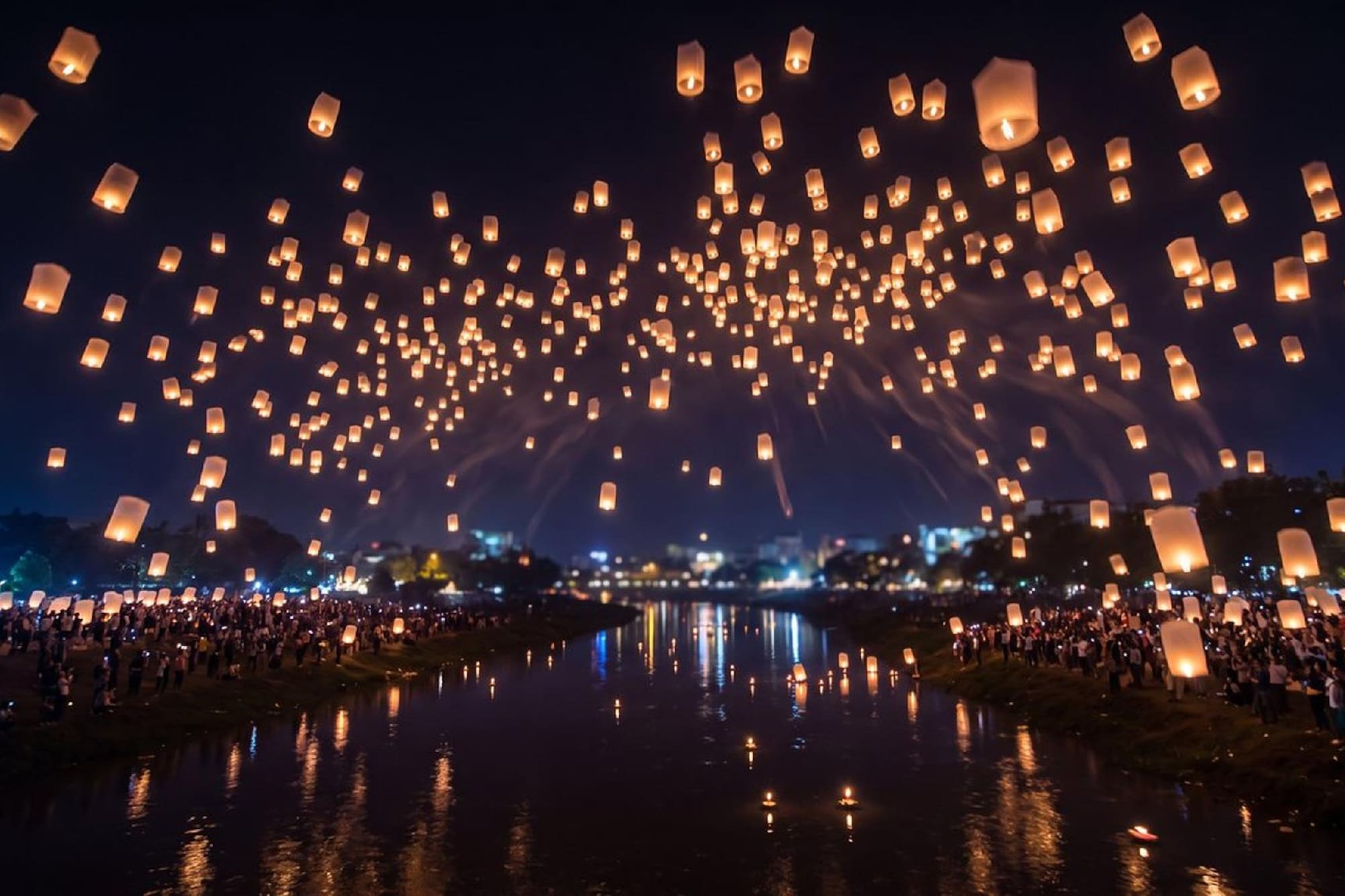Night festival scene: glowing sky lanterns float over river with people.
