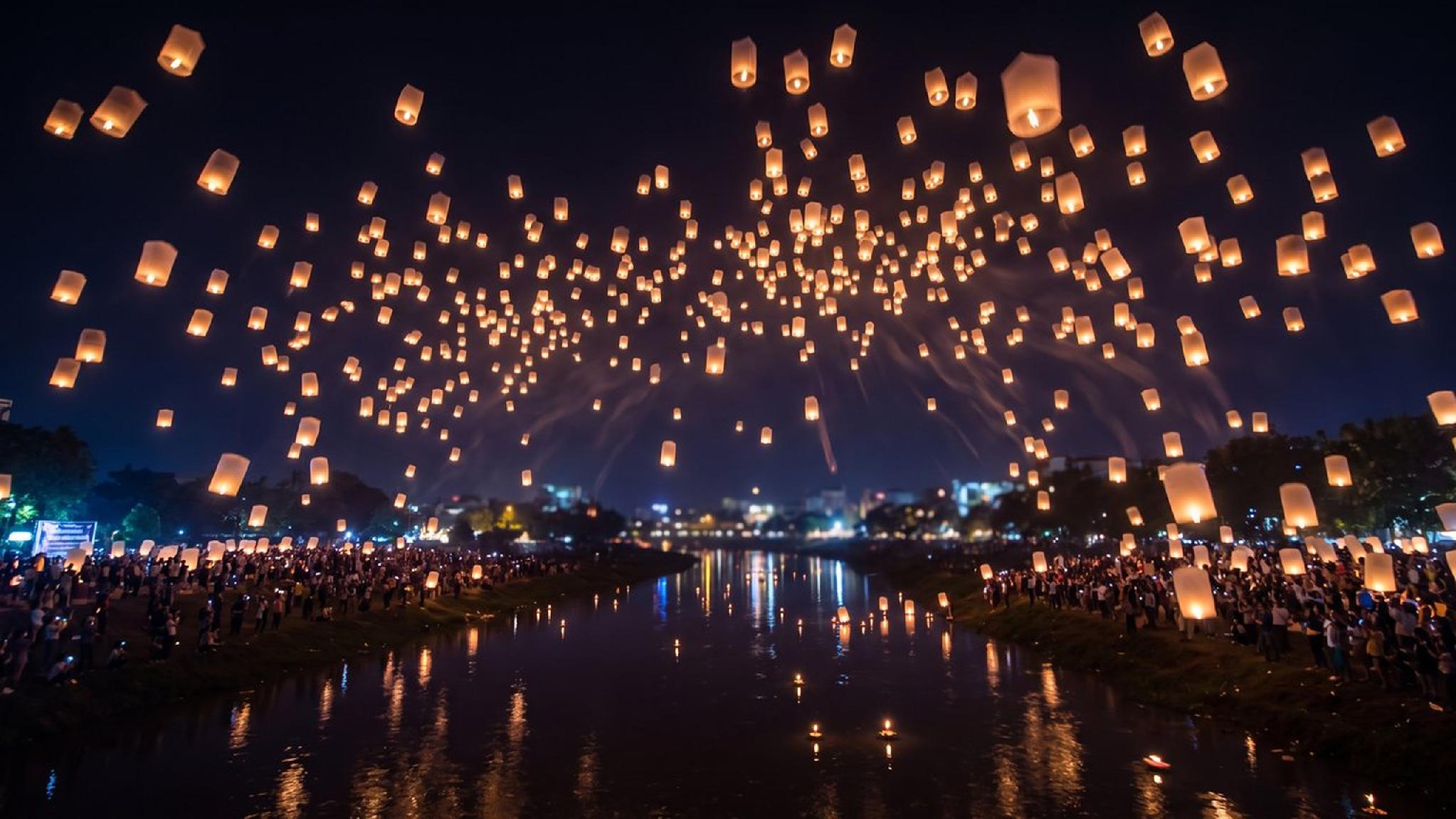 Night festival scene: glowing sky lanterns float over river with people.