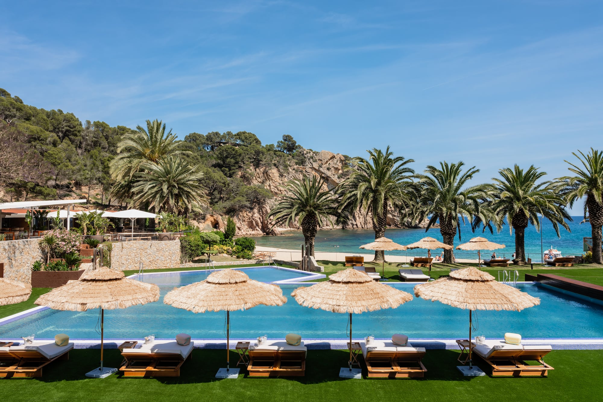 Hotel pool with straw umbrellas, sun loungers, palm trees, and beach.