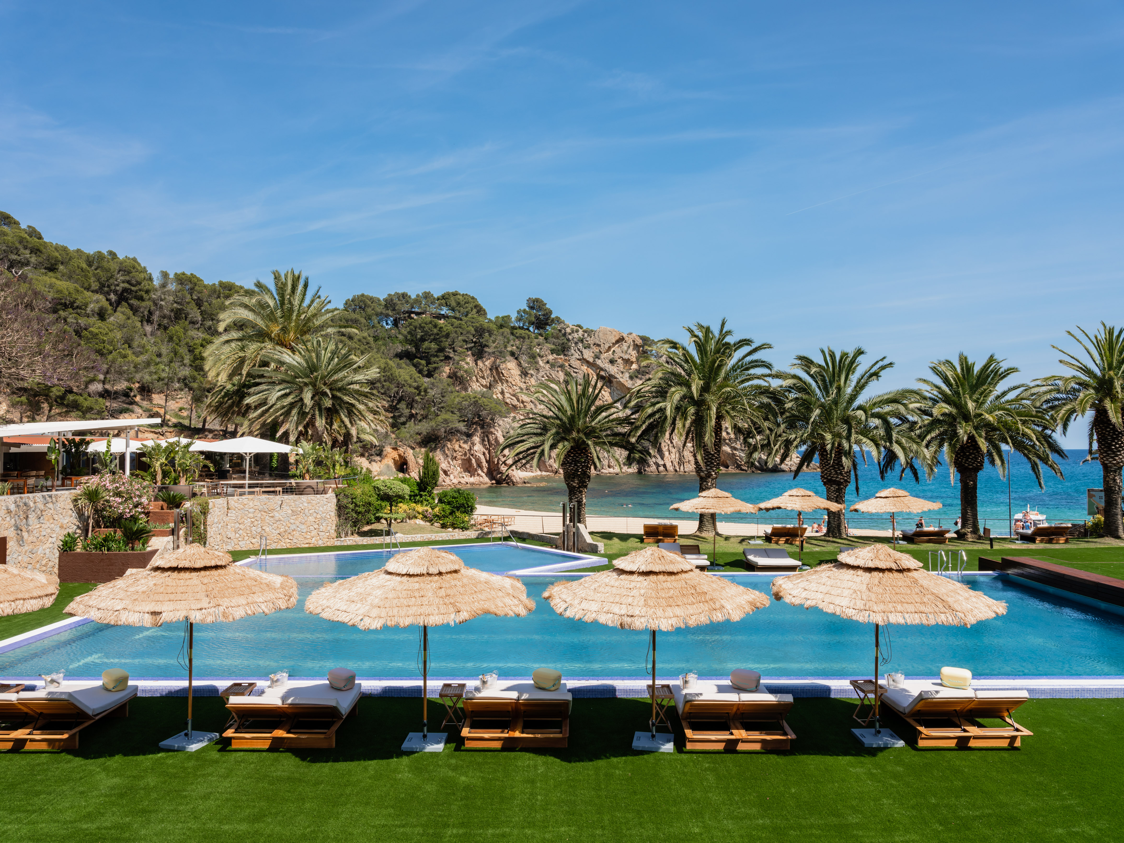 Hotel pool with straw umbrellas, sun loungers, palm trees, and beach.
