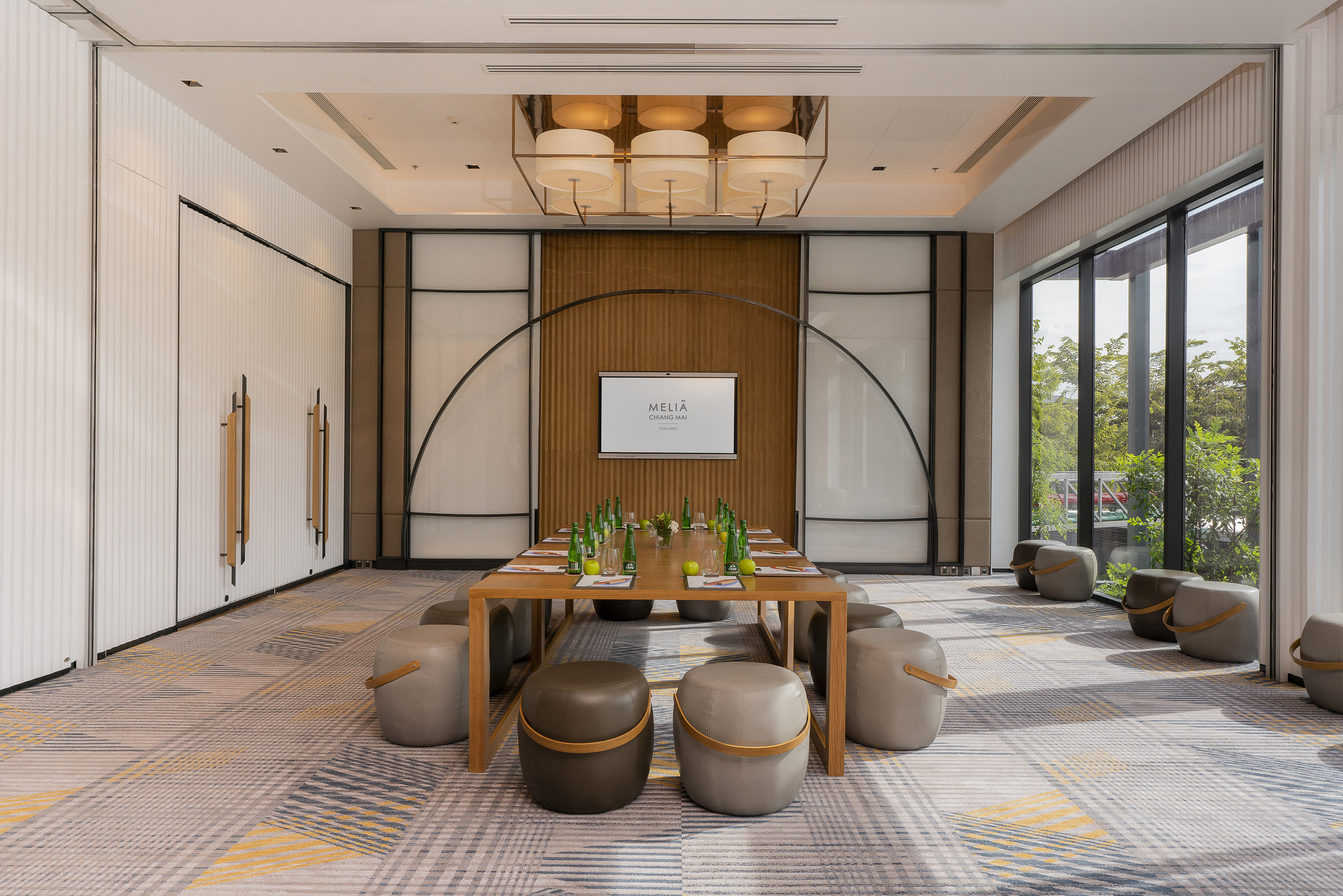 a room with a table and chairs