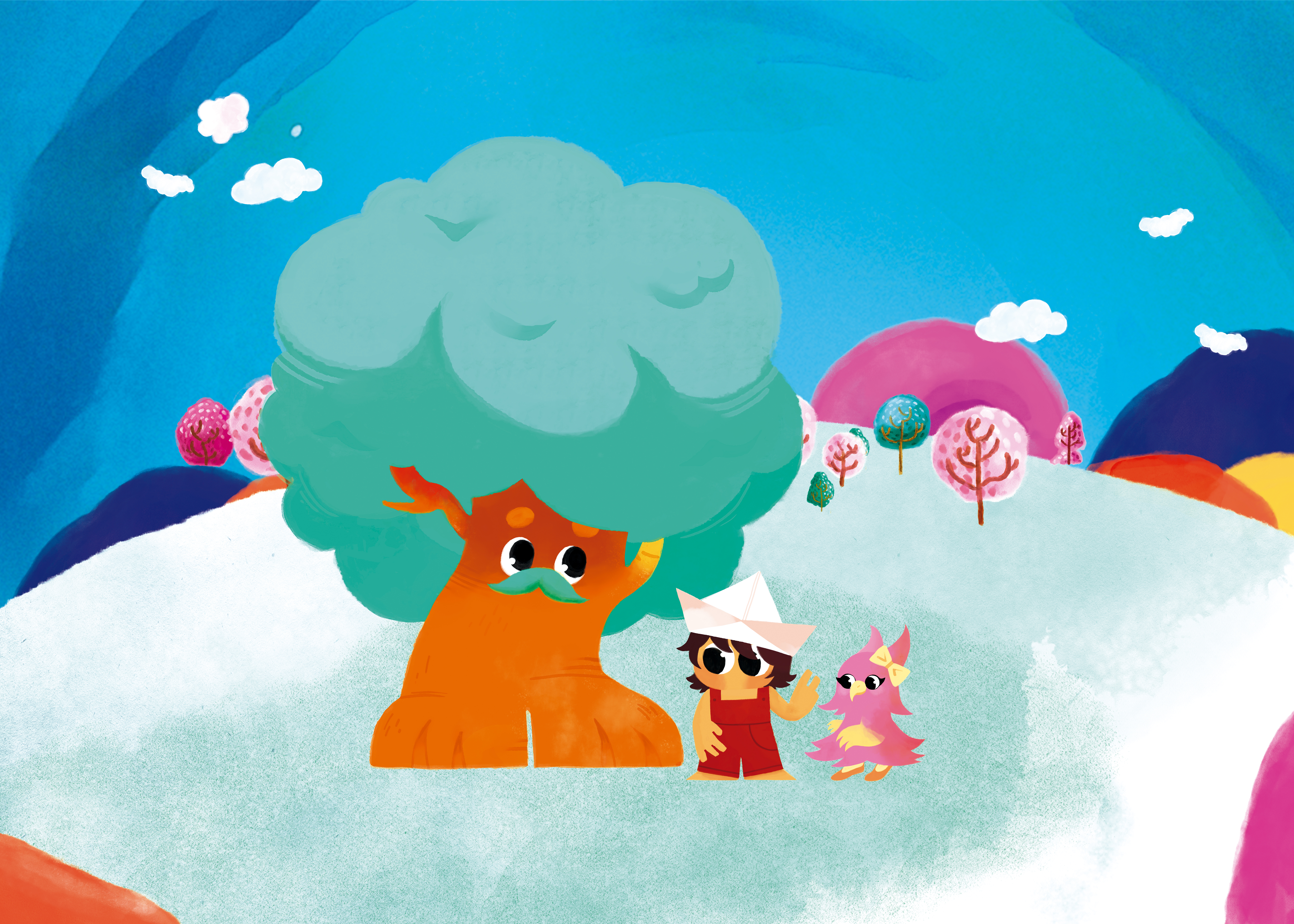 Colorful cartoon art of a friendly tree, child, and bird in a magical forest.