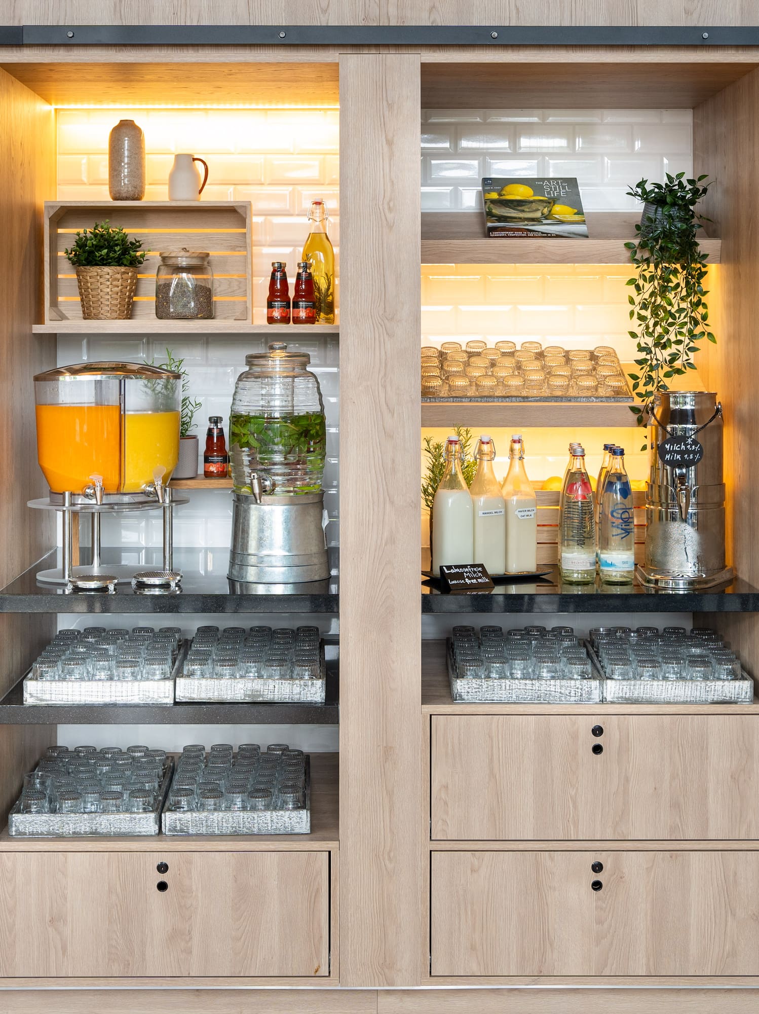 a shelf with food items on it
