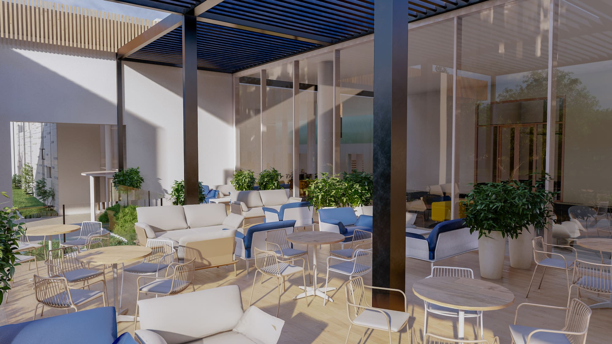 a patio with chairs and tables
