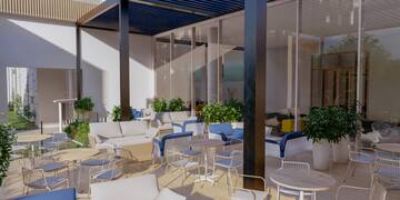 a patio with chairs and tables