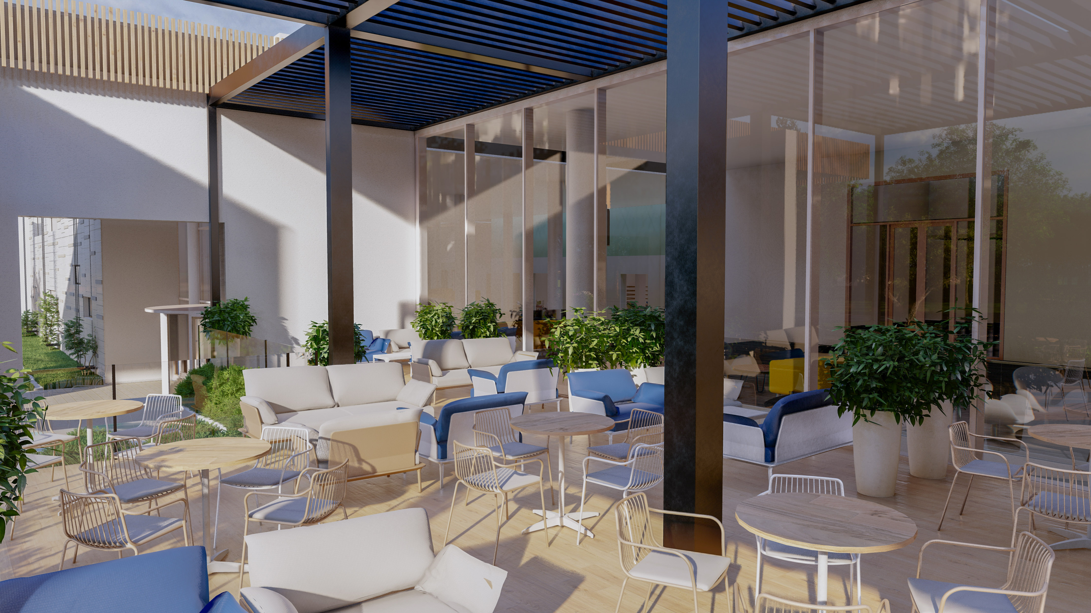 a patio with chairs and tables
