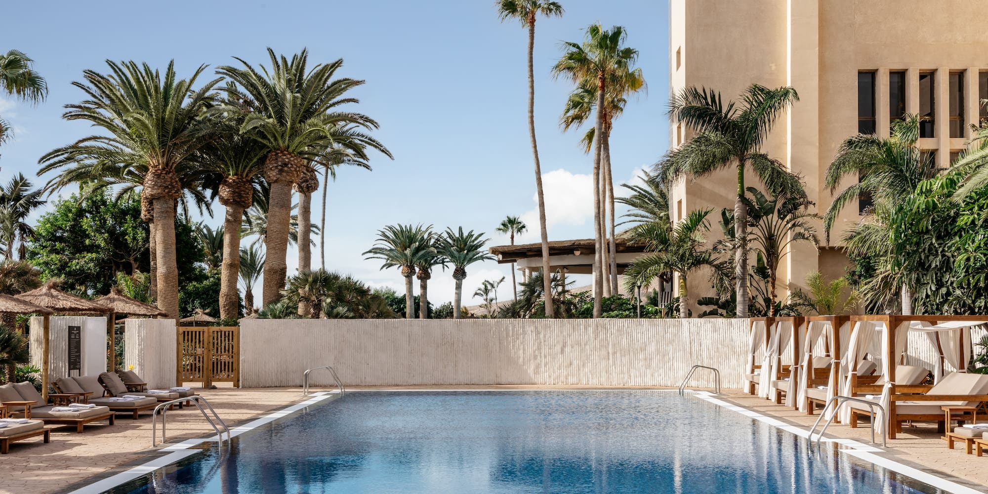 a pool with palm trees and a building