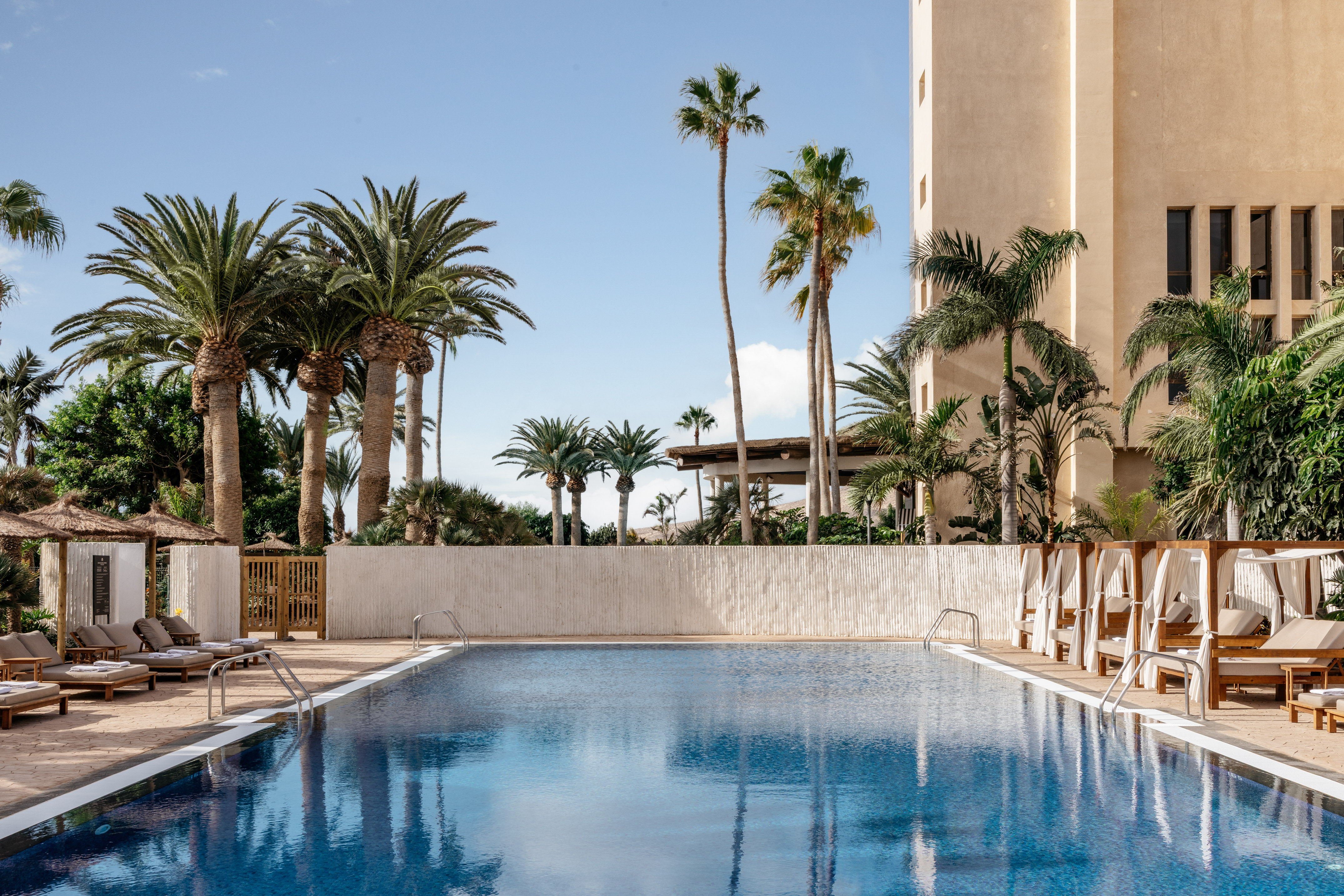 Blue resort swimming pool, lush palm trees, sun loungers, and hotel building.