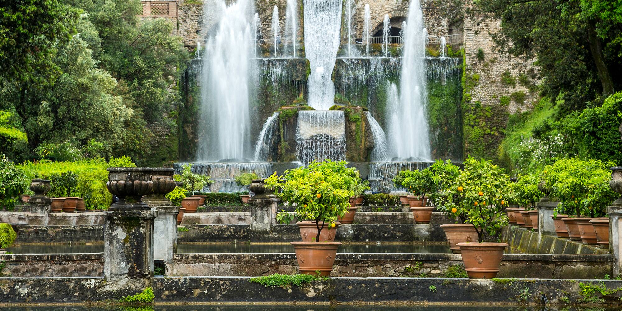 a water fountain with trees and Villa d'Este in the background