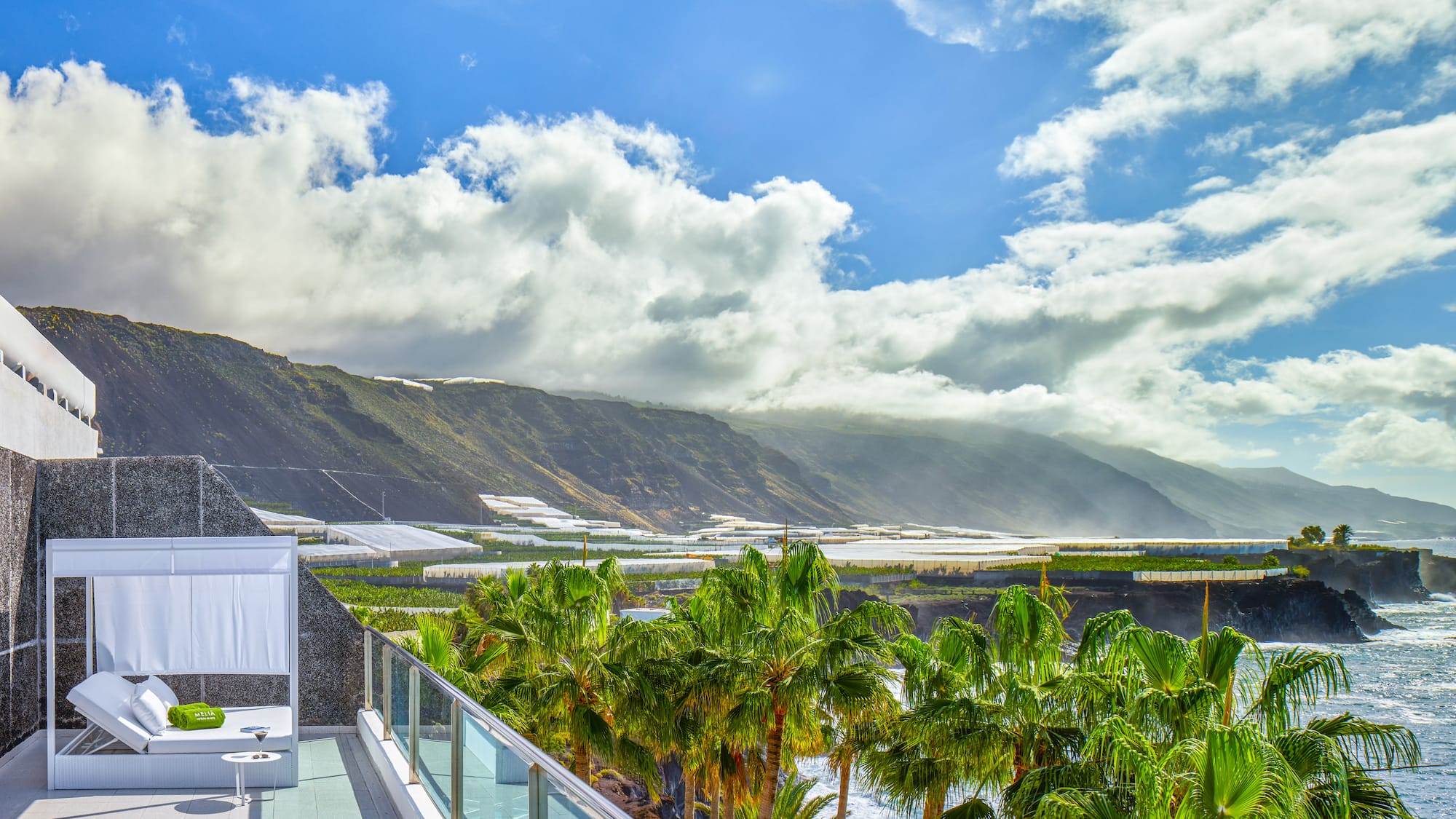 a balcony with palm trees and mountains in the background