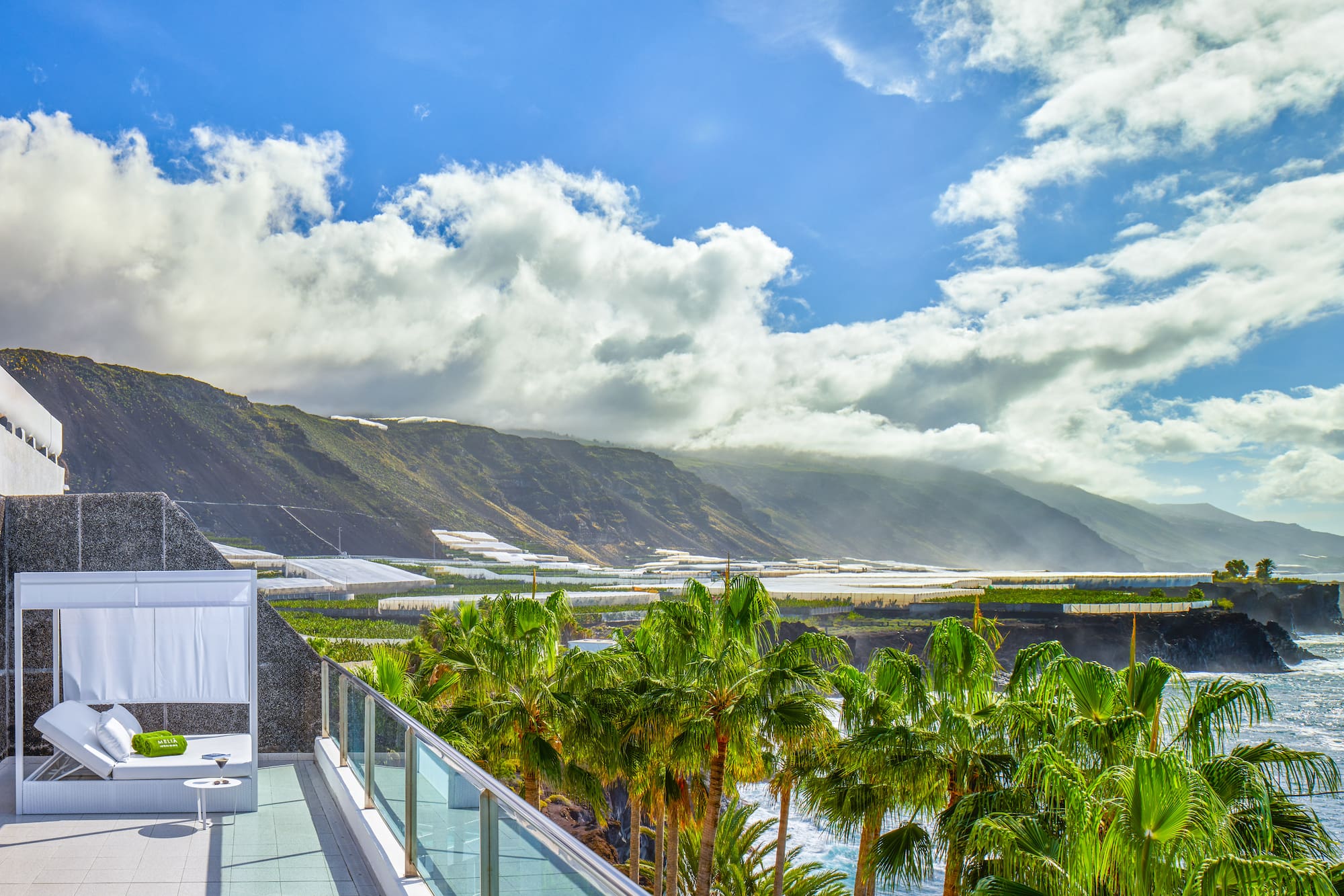 a balcony with palm trees and mountains in the background