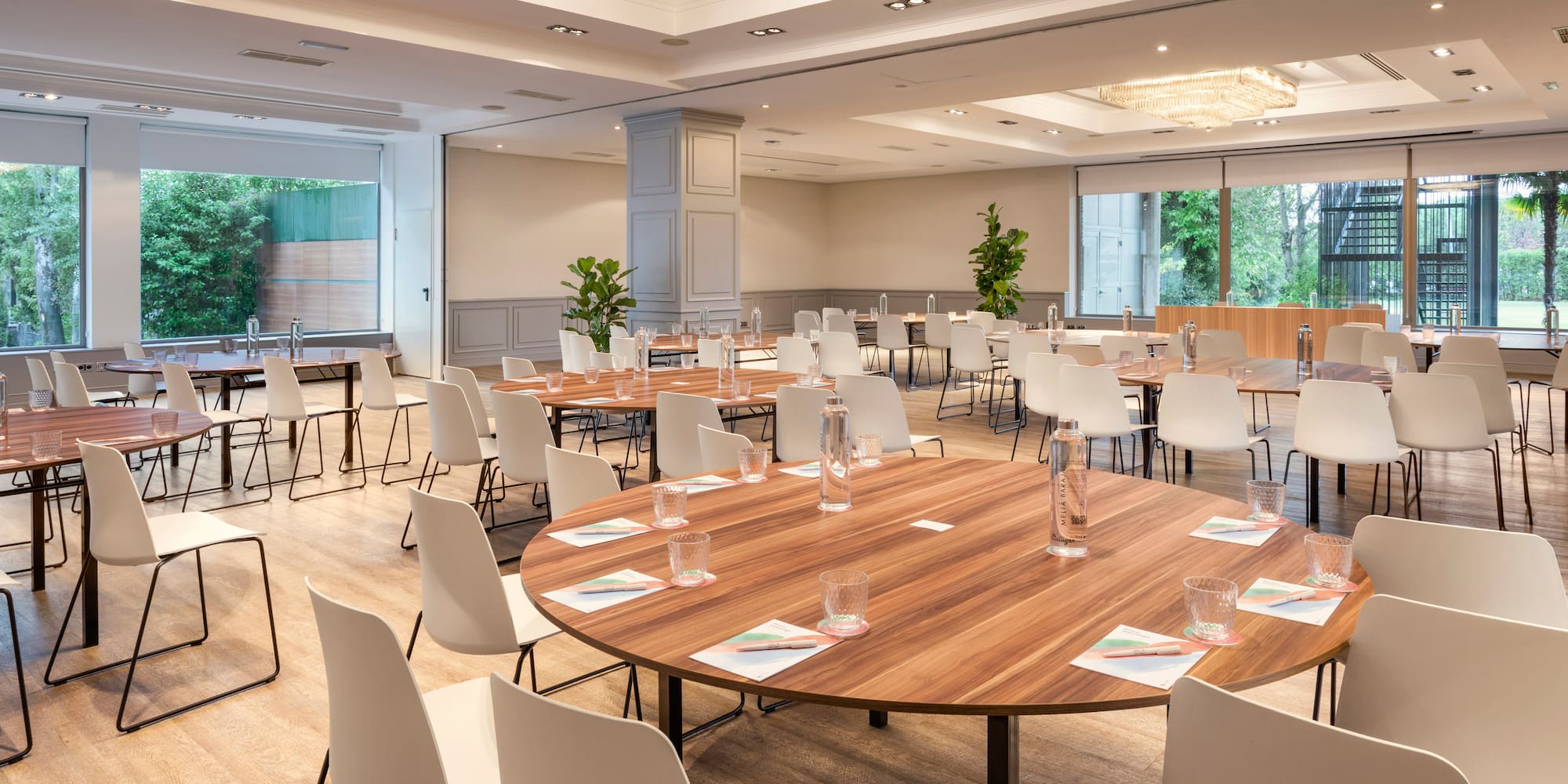 a room with tables and chairs